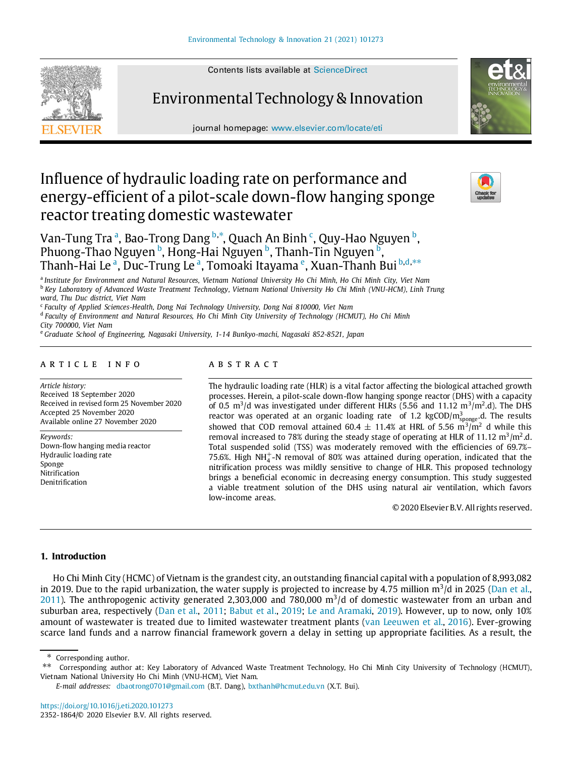 Influence of hydraulic loading rate on performance and energy-efficient of a 
pilot-scale down-flow hanging sponge reactor treating domestic wastewater.
(Ảnh hưởng tải trọng thủy lực lên quá trình thực hiện và tính hiệu quả về năng lượng của thiết bị phản