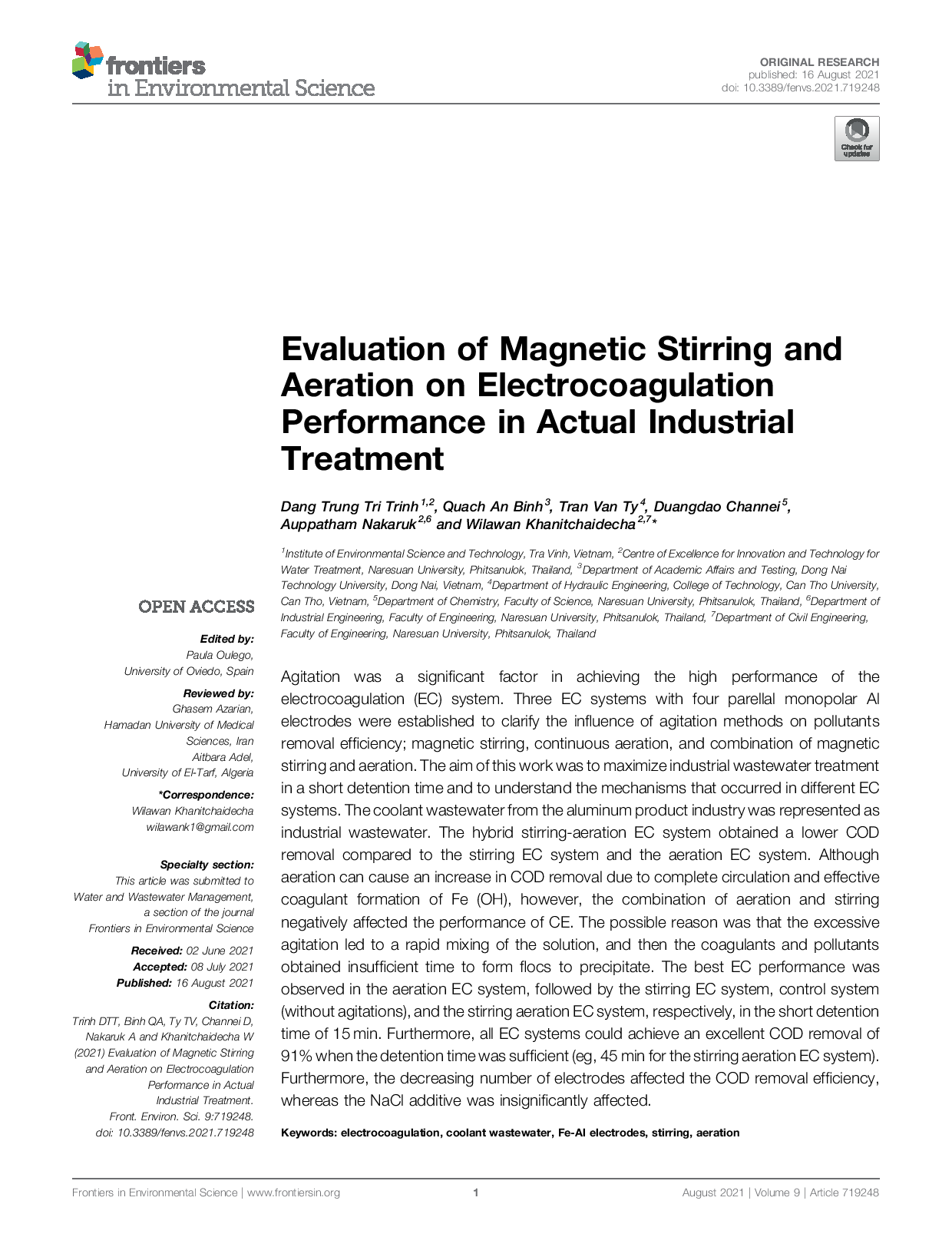 Evaluation of magnetic stirring and aeration on electrocoagulation performance on actual industrial treatment. 
(Đánh giá Quá trình khuấy từ và sục khí đến hiệu suất điện hóa trong xử lý công nghiệp)