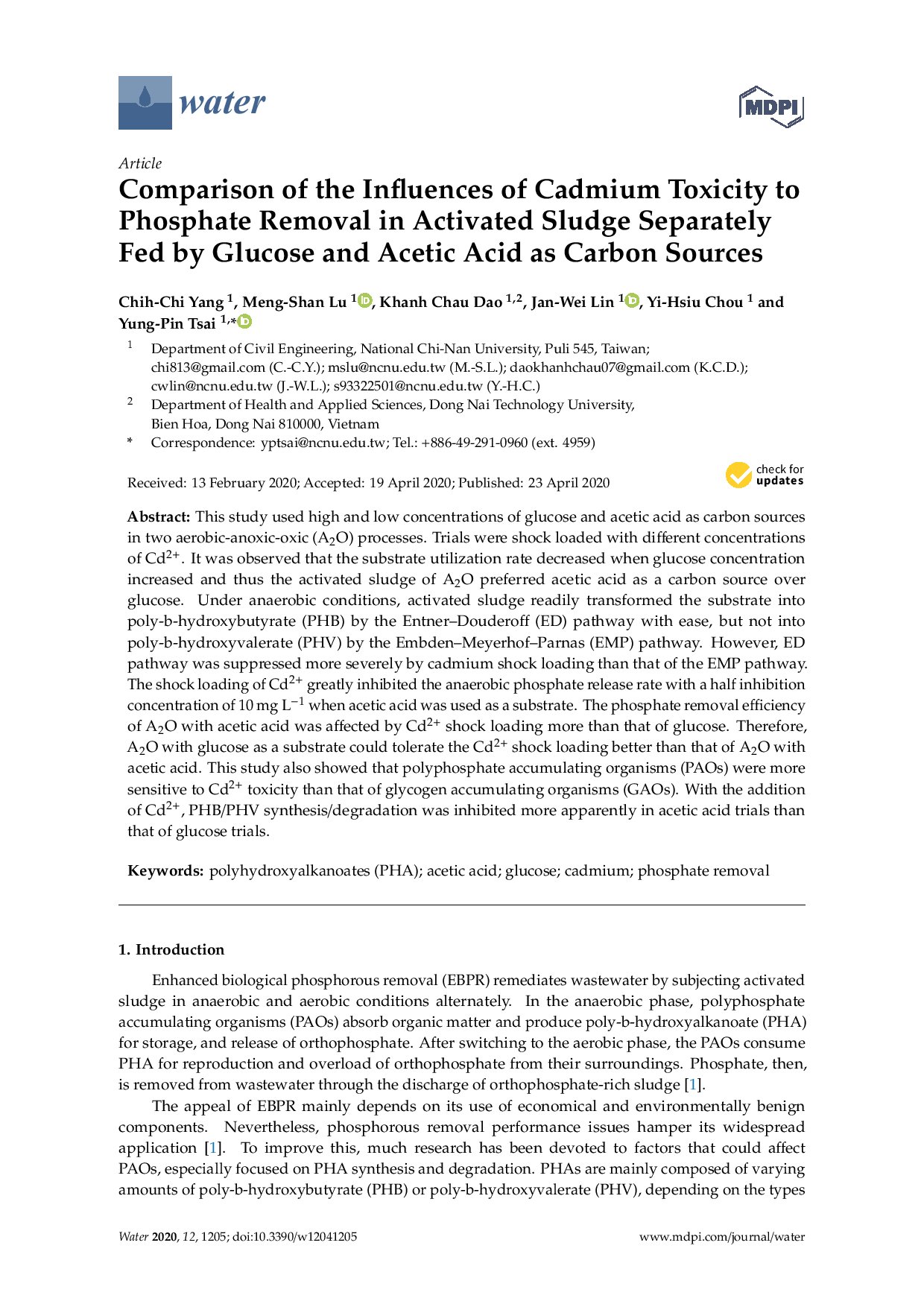 Comparison of the Influences of Cadmium Toxicity to Phosphate Removal in Activated Sludge Separately Fed by Glucose and Acetic Acid as Carbon Sources.
(So sánh ảnh hưởng độc tính của cadmium đến loại bỏ photphat trong bùn hoạt tính dùng Glucose và axit ax