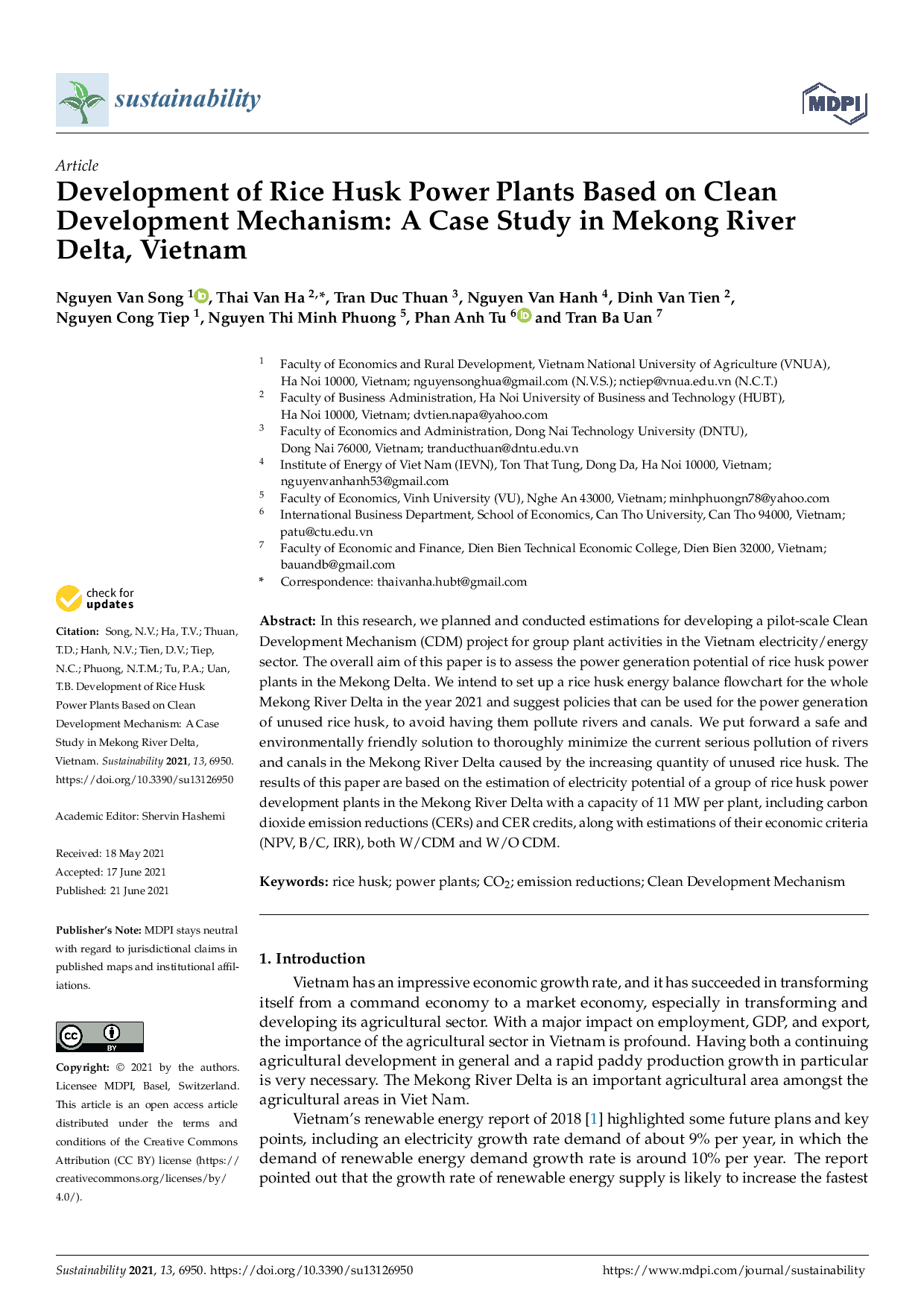 Development of Rice Husk Power Plants Based on Clean Development Mechanism: A Case Study in Mekong River Delta, Vietnam. 
(Phát triển nhà máy điện trấu: theo cơ chế phát triển sạch: Nghiên cứu điển hình ở Đồng bằng sông Cửu Long, Việt Nam)