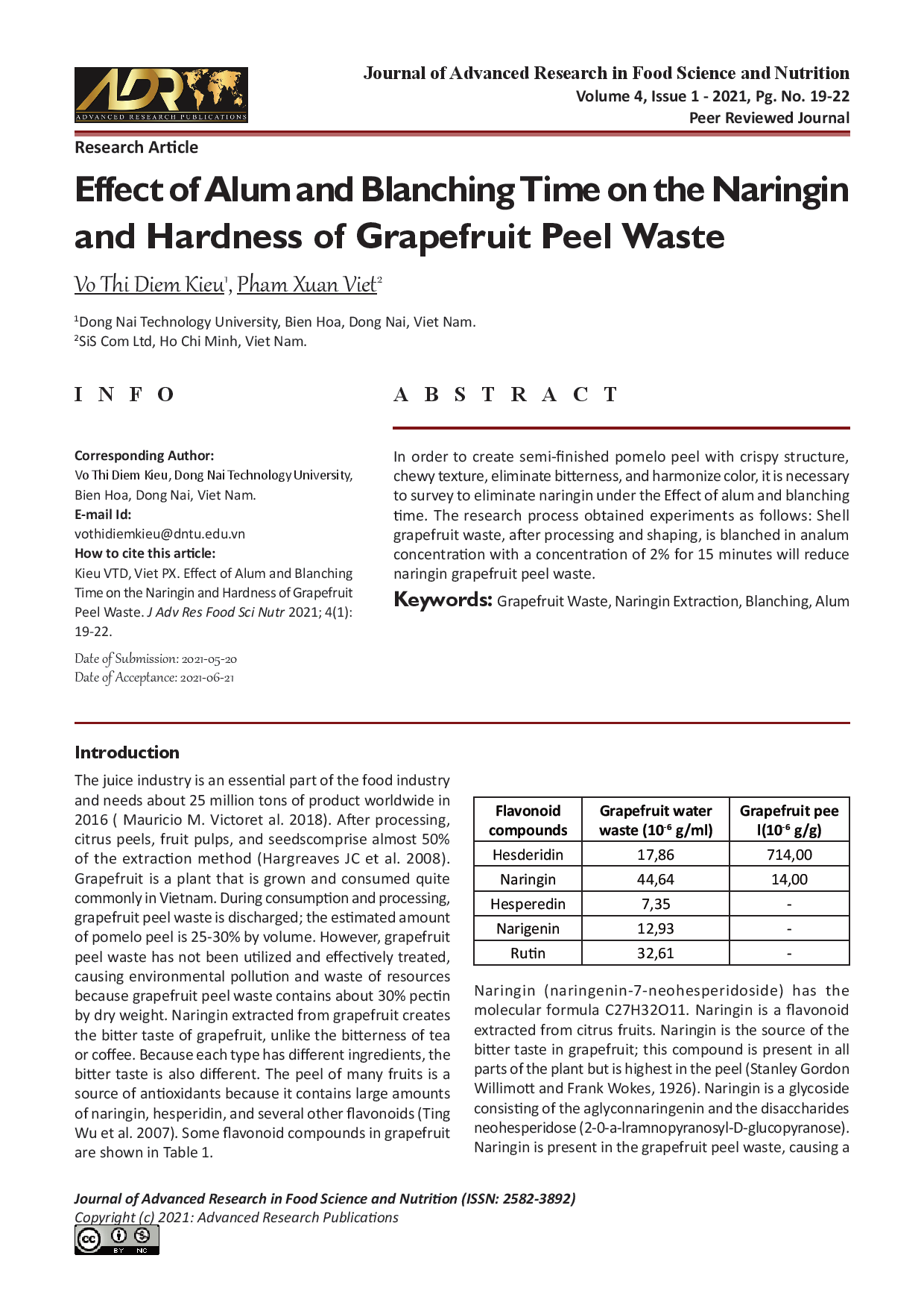 Effect of Alum and Blanching Time on the Naringin and Hardness of Grapefruit Peel Waste.
(Ảnh hưởng của phèn chua và thời gian chần tới nồng độ Naringin và độ cứng của vỏ bưởi)