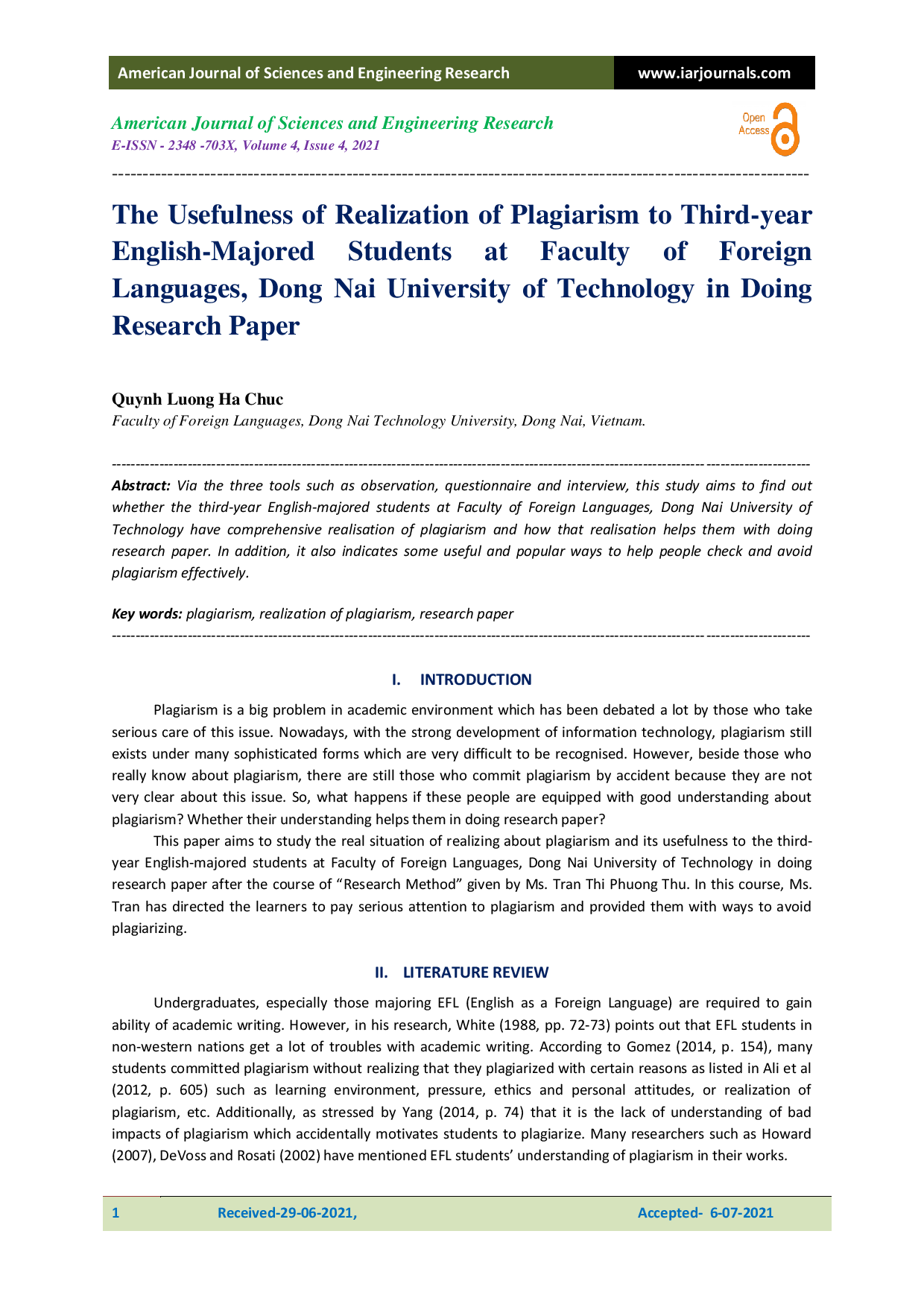 The Usefulness of Realization of Plagiarism to Third-year English-Majored Students at Faculty of Foreign Languages, Dong Nai University of Technology in Doing Research Paper" (Tác dụng của việc nhận thức về đạo văn đối với sinh viên năm 3 ngành Ngôn ngữ