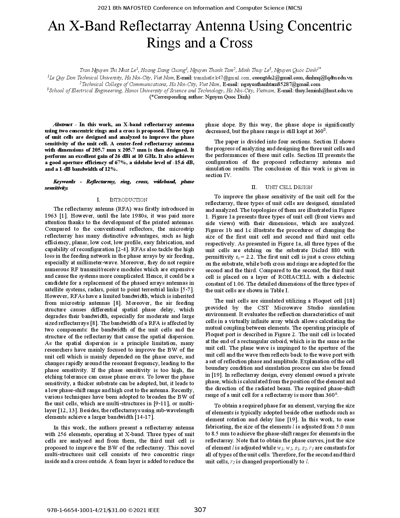 An X-Band Reflectarray Antenna Using Concentric Rings and a Cross