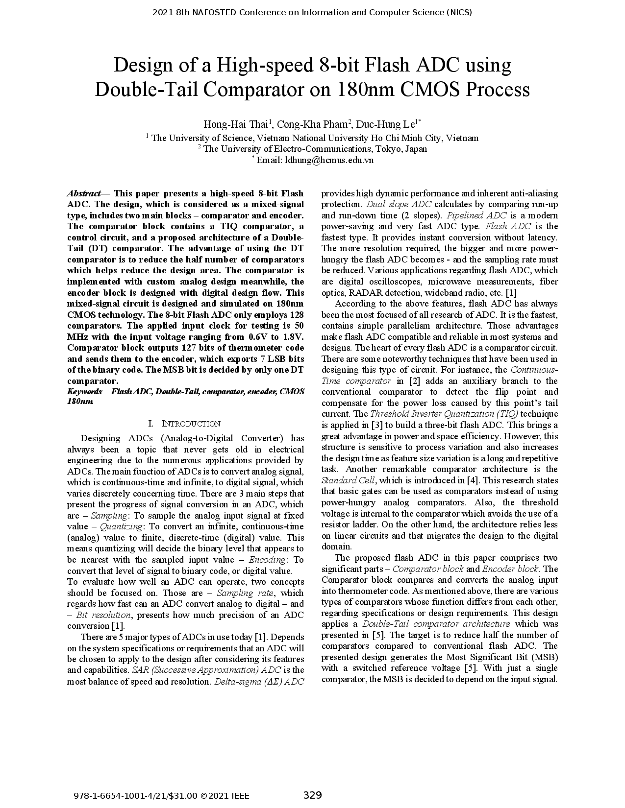 Design of a High-speed 8-bit Flash ADC using Double-Tail Comparator on 180nm CMOS Process