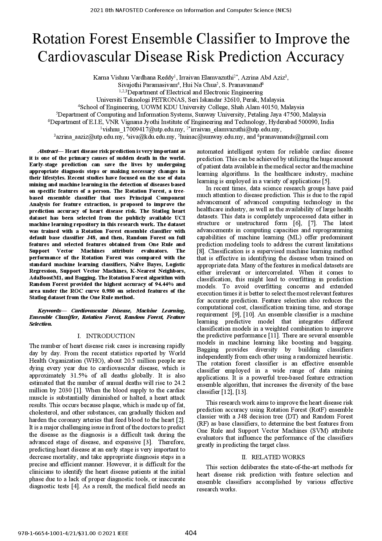 Rotation Forest Ensemble Classifier to Improve the Cardiovascular Disease Risk Prediction Accuracy Karna