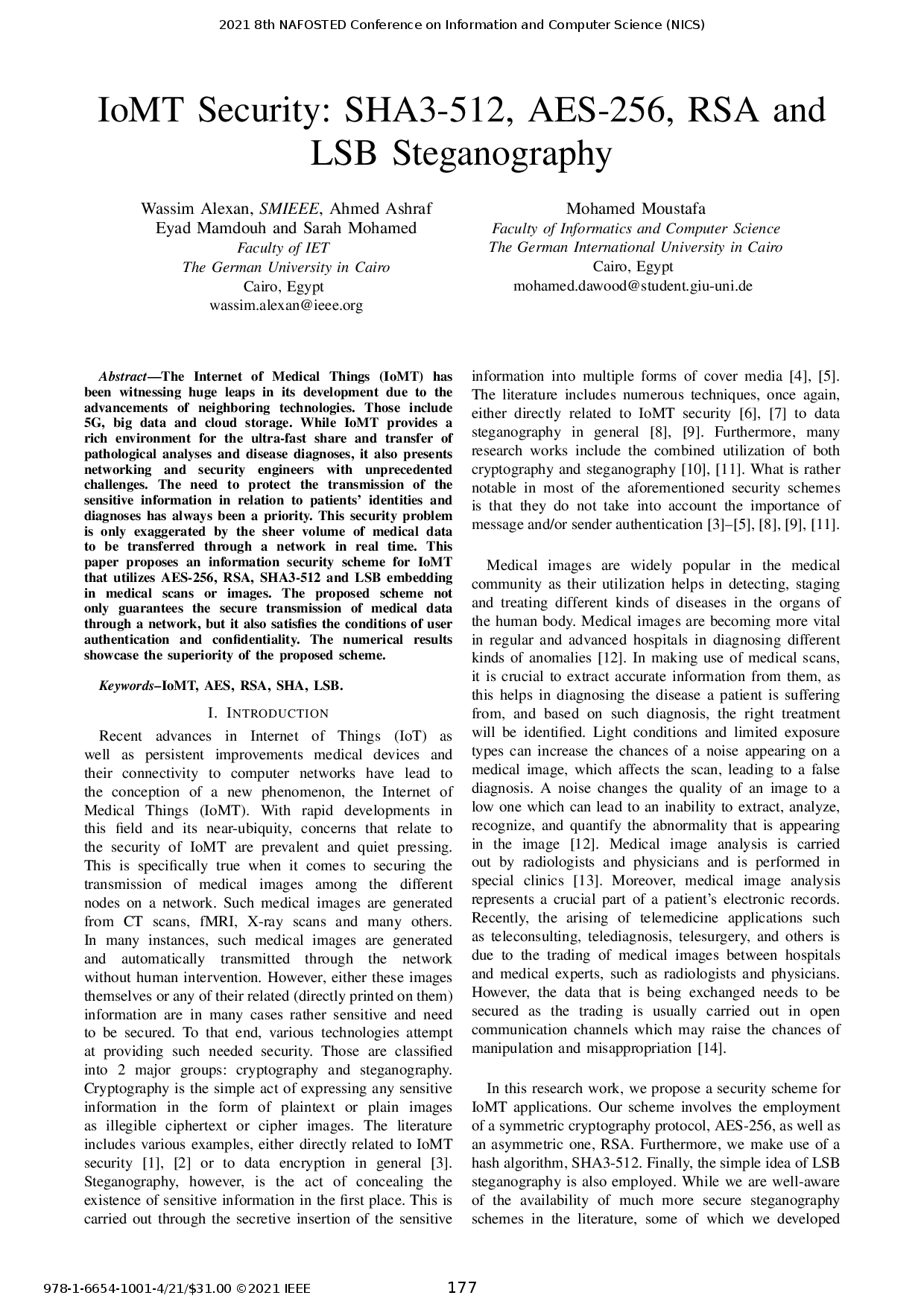 IoMT Security: SHA3-512, AES-256, RSA and LSB Steganography