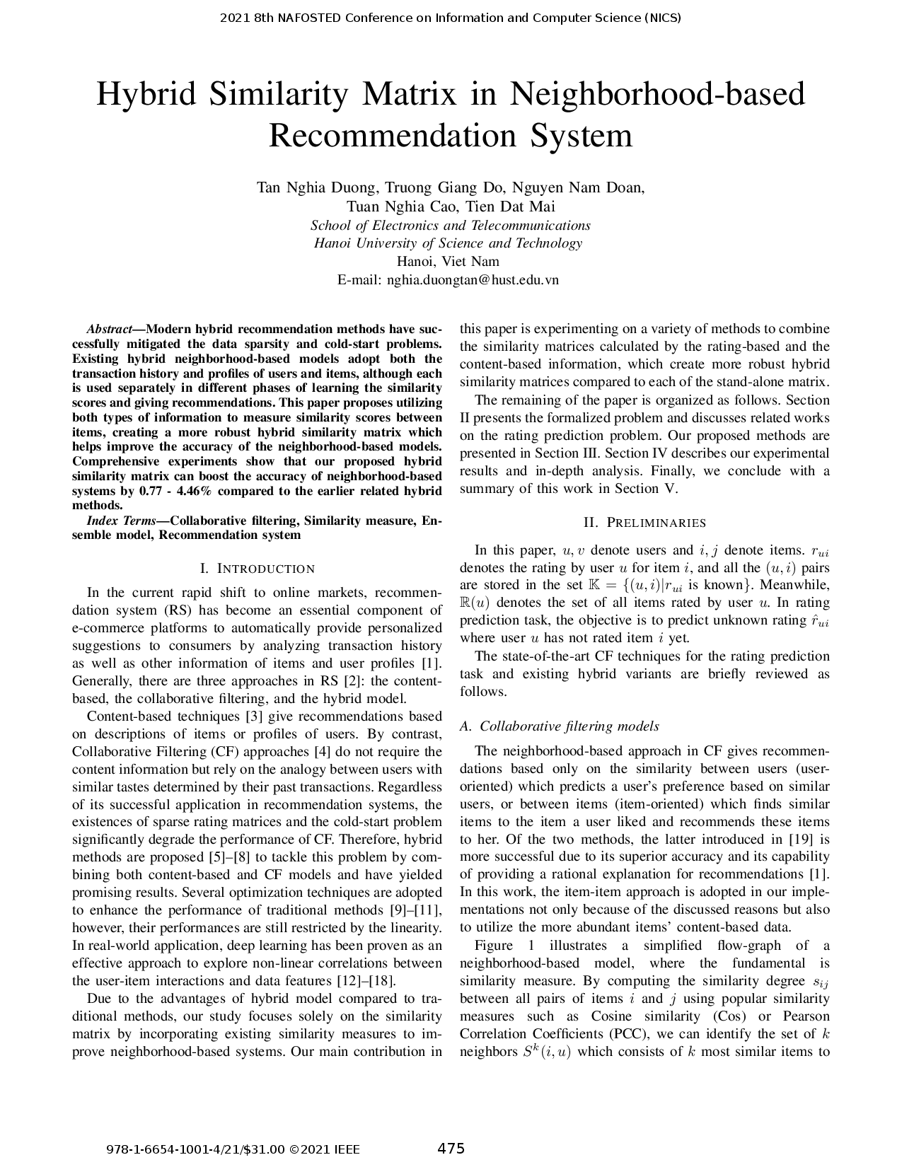 Hybrid Similarity Matrix in Neighborhood-based Recommendation System