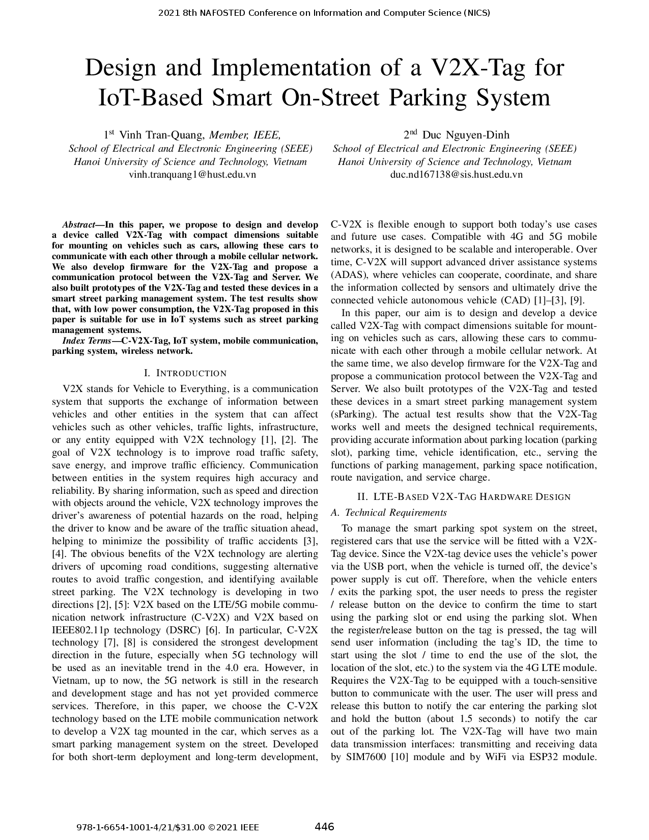 Design and Implementation of a V2X-Tag for IoT-Based Smart On-Street Parking System