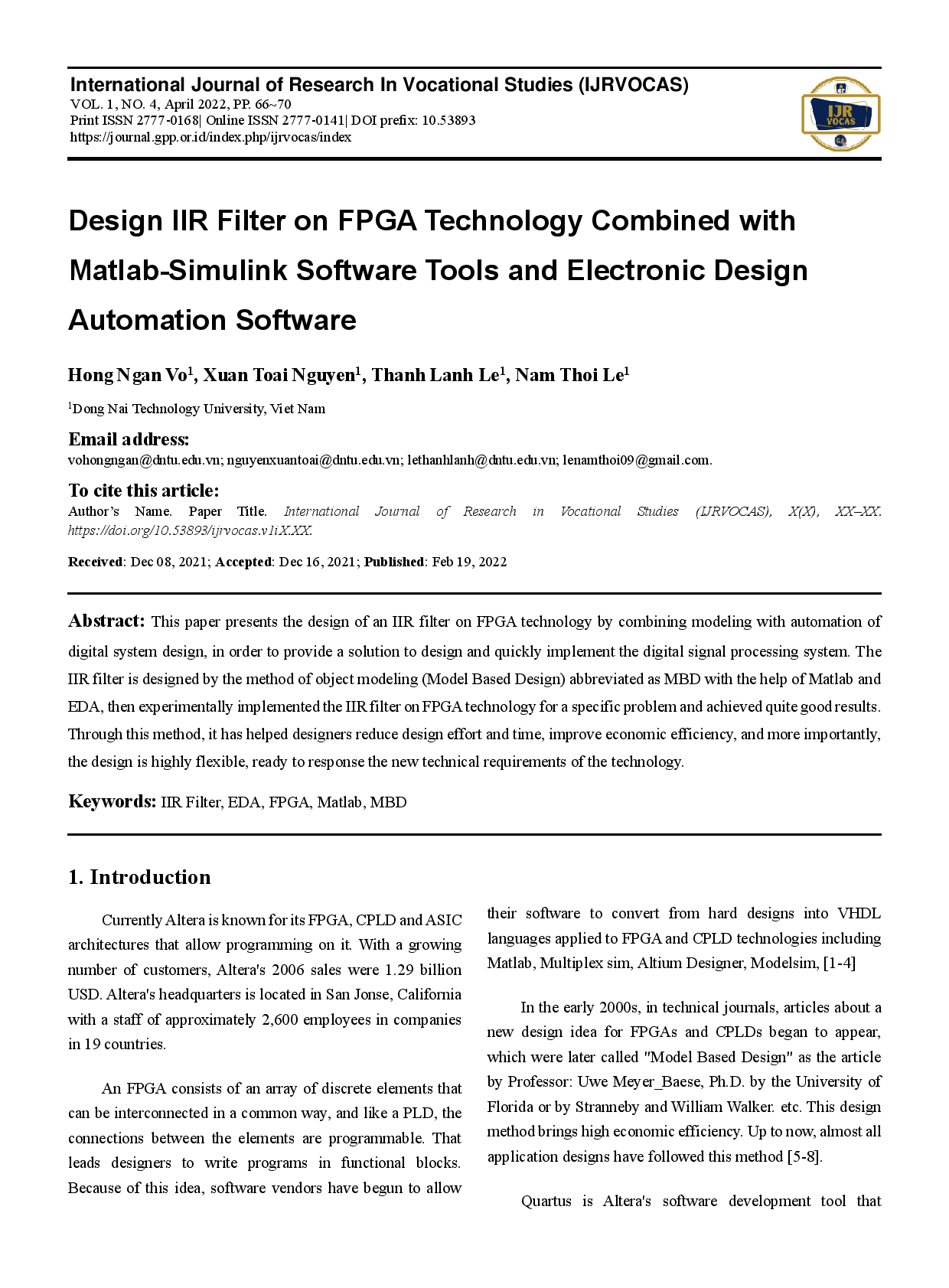 Design IIR Filter on Fpga Technology Combined with. Matlab Simulink Software Tools and Electronic Design Automation Software. (Thiết kế bộ lọc IIR trên công nghệ FPGA kết hợp các công cụ phần mềm MatlabSimulink và phần mềm tự động hóa thiết kế điện tử)