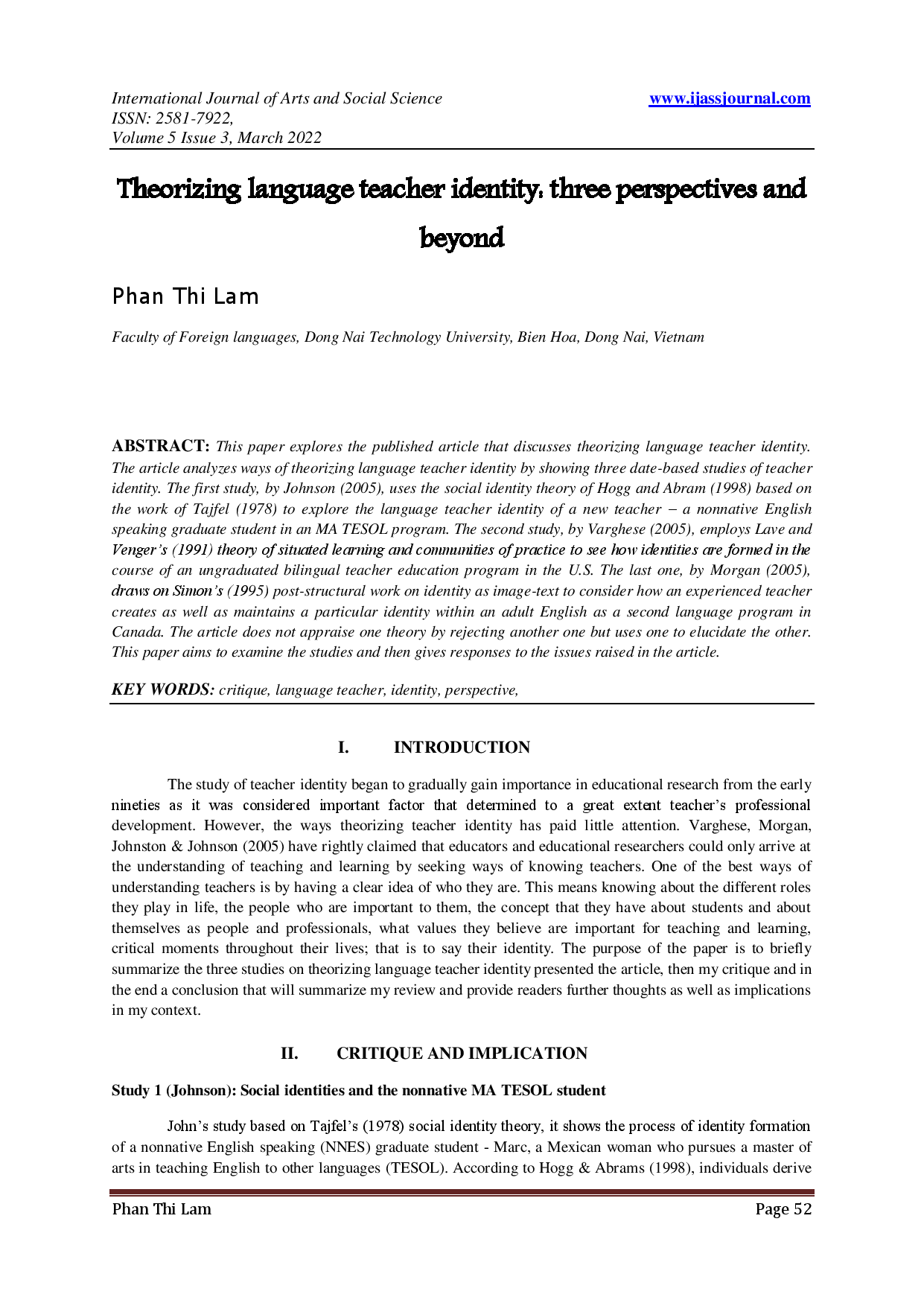 Theorizing Language Teacher Identity: Three Perspectives and Beyond. (Lý thuyết hóa bản sắc giáo viên ngôn ngữ: Ba quan điểm và hơn thế nữa)