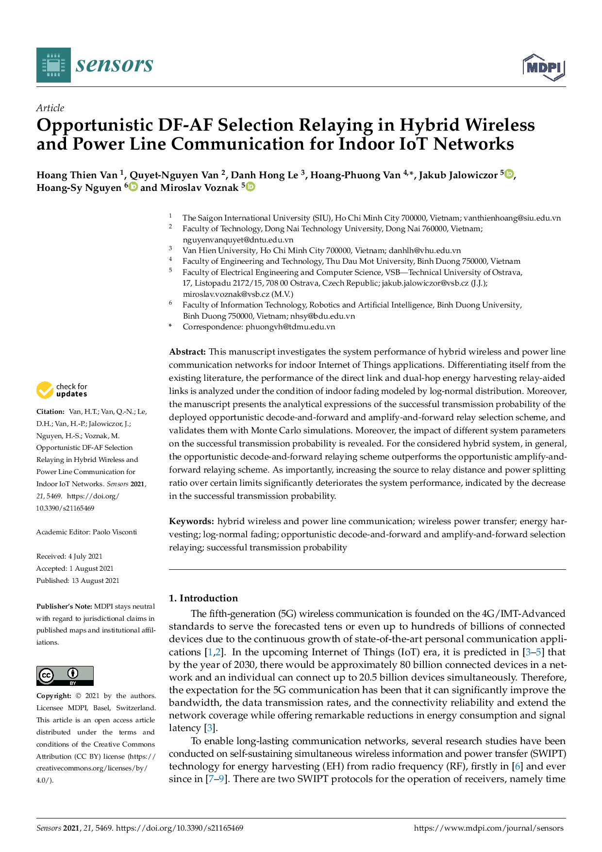 Opportunistic DF-AF Selection Relaying in Hybrid Wireless and Power Line Communication for Indoor IoT Networks Chuyển tiếp lựa chọn DF-AF cơ hội trong giao tiếp không dây và đường dây kết hợp nguồn cho các mạng IoT trong nhà