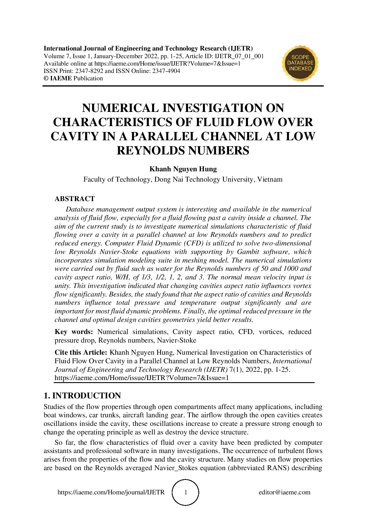 Numerical Investigation On Characteristics of Fluid Flow Over Cavity in A Parallel Channel at Low Reynolds Numbers (Nghiên cứu số các thuộc tính của dòng chất lỏng chảy qua hốc trong một kênh song song tại hệ số Reynolds thấp)