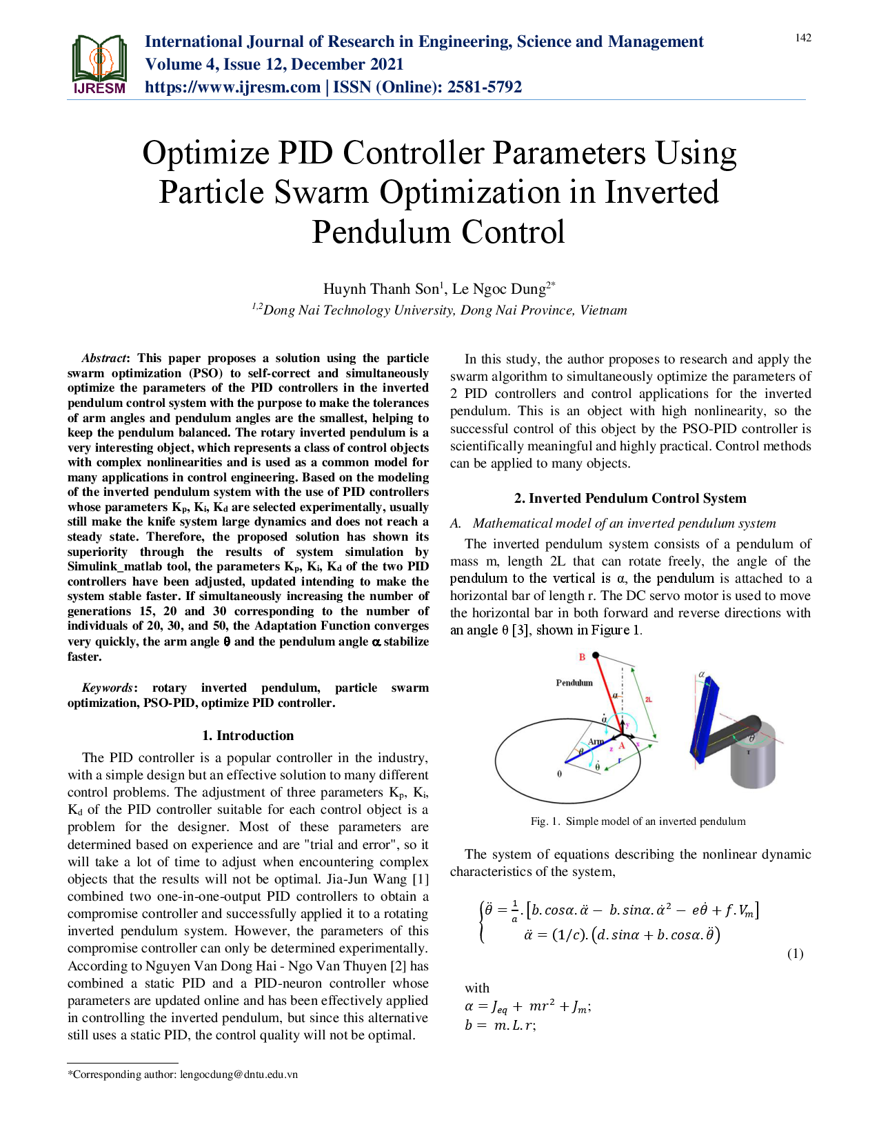 Optimize PID Controller Parameters Using Particle Swarm Optimization in Inverted Pendulum Control ;$bHuynh Thanh Son , Le Ngoc Dung