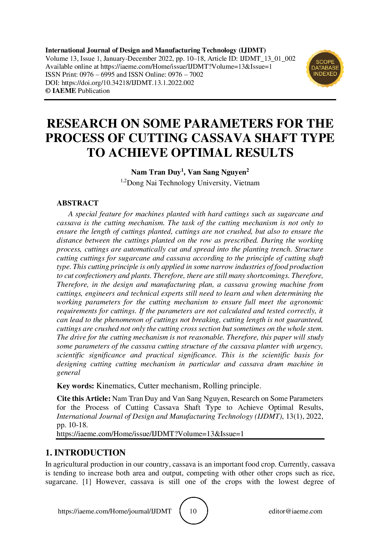 Research on some parameters for the process of cutting cassava shaft type to achieve optimal results