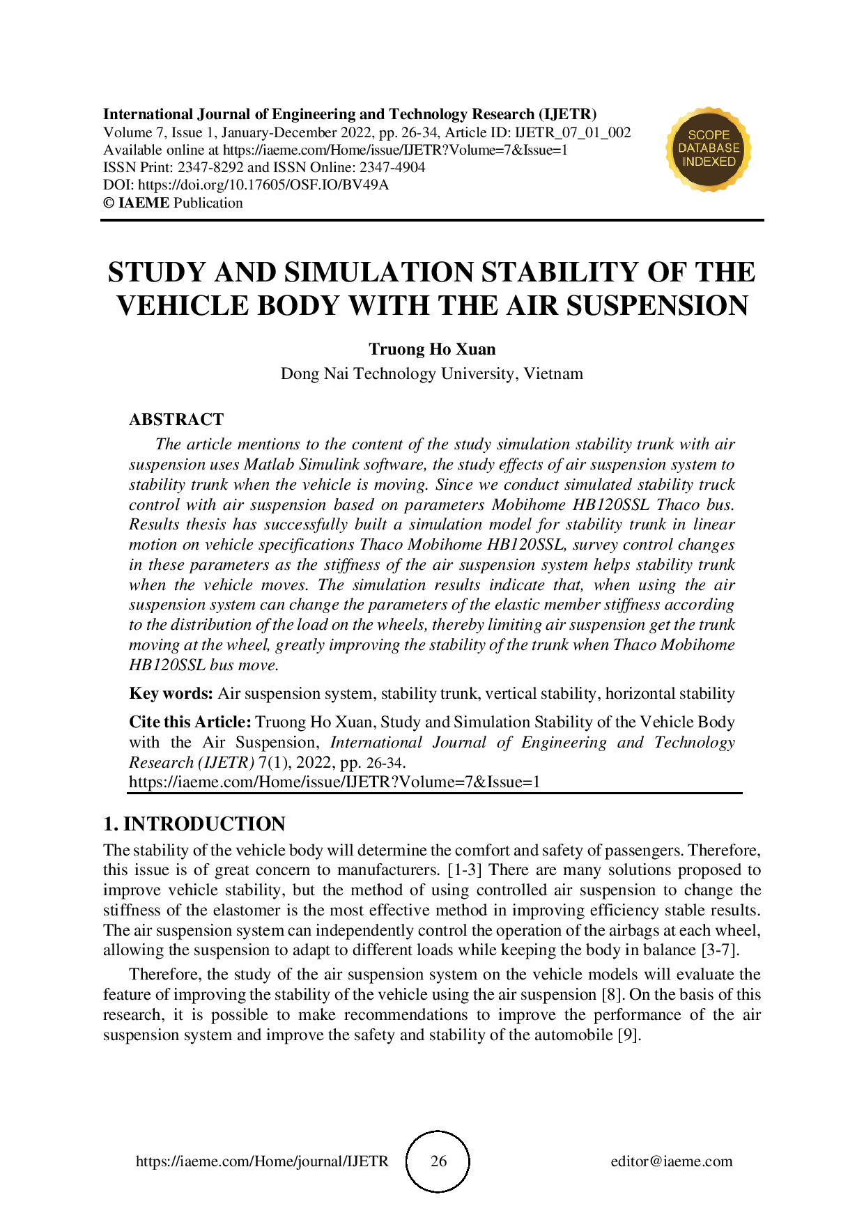 STUDY AND SIMULATION STABILITY OF THE VEHICLE BODY WITH THE AIR SUSPENSION