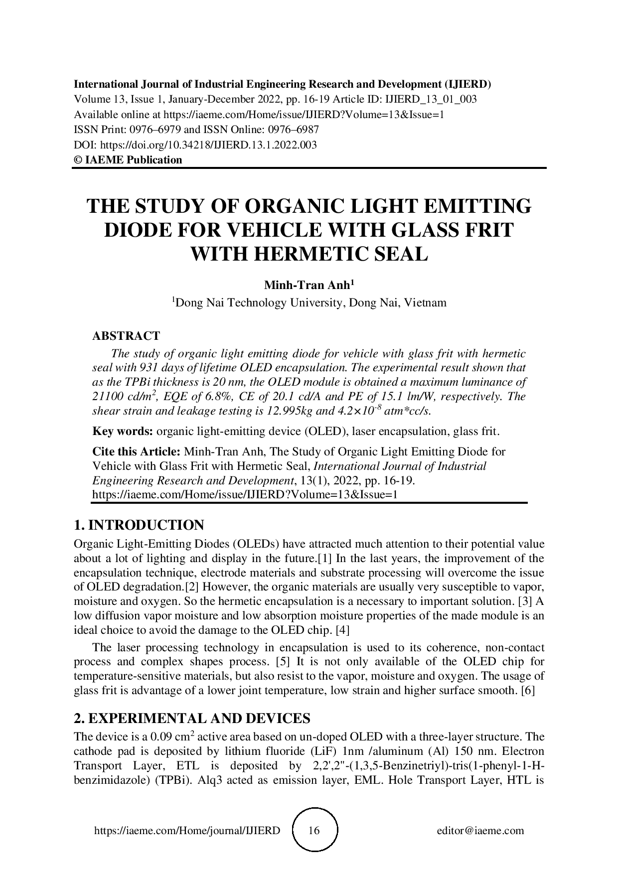 The study of organic light emitting diode for vehicle with glass frit with hermetic seal (Nghiên cứu đèn LED hữu cơ cho xe ô tô với cấu trúc kín)