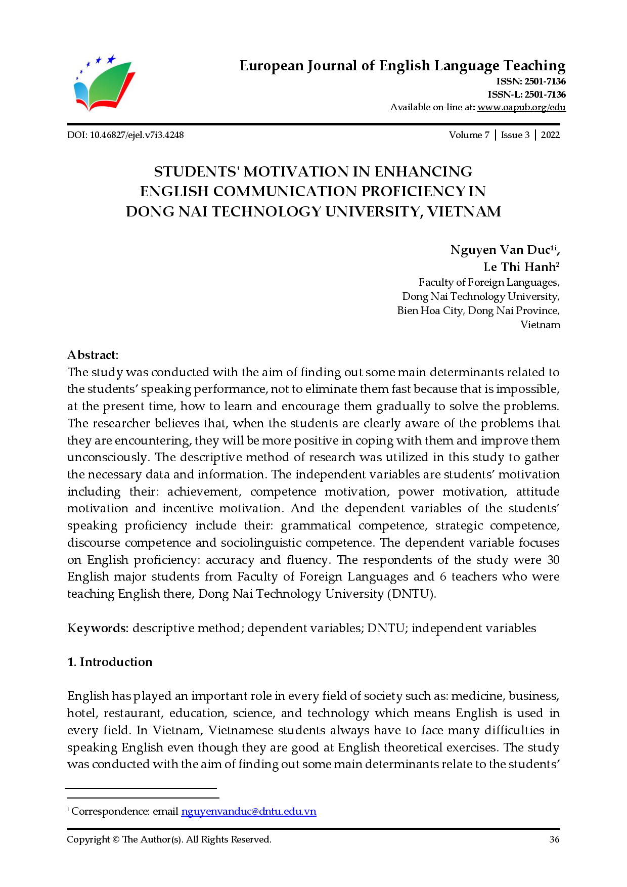 Students' Motivation in Enhancing English Communication Proficiency in Dong Nai Technology University, Vietnam. (Động lực của sinh viên trong việc nâng cao năng lực giao tiếp tiếng Anh tại trường Đại học Công nghệ Đồng Nai, Việt Nam)