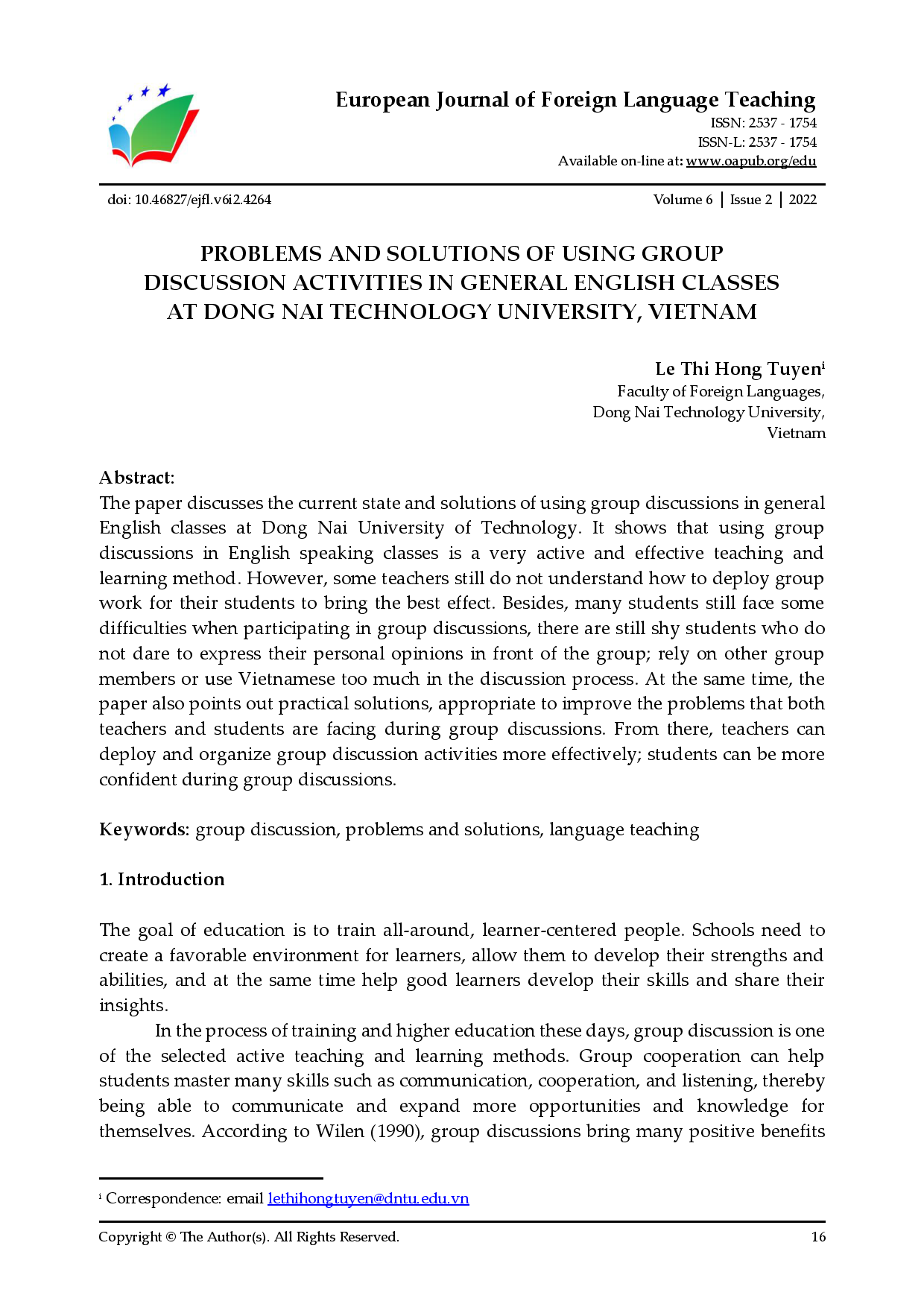 Problems and solutions of using group discussion activities in general English classes at Dong Nai Technology University, Vietnam (Thực trạng và giải pháp của việc sử dụng hoạt động thảo luận nhóm  trong các lớp học Tiếng Anh tổng quát tại Trường Đại học Công nghệ Đồng Nai, Việt Nam)