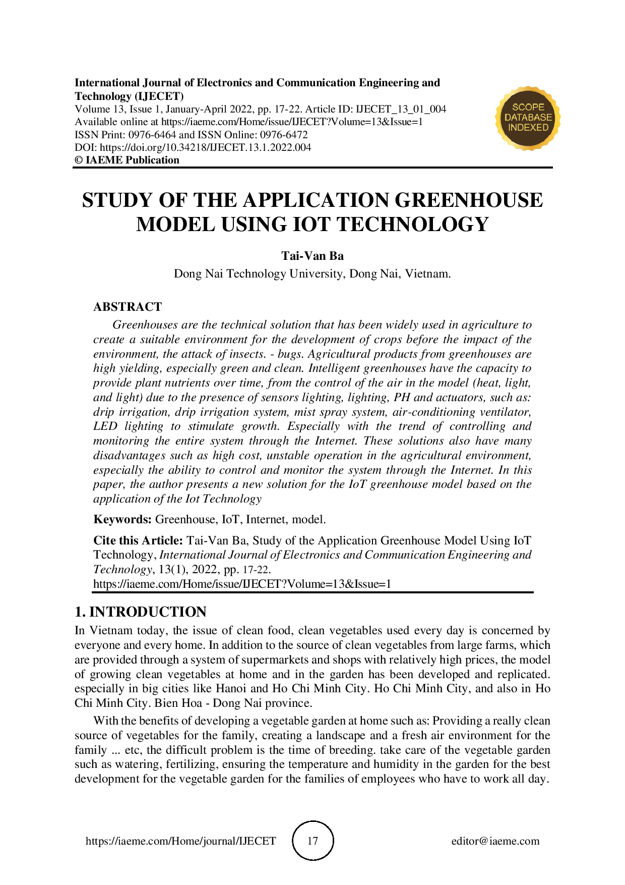 Study of the application greenhouse model using iot technology (Nghiên cứu ứng dụng mô hình nhà kính IoT)