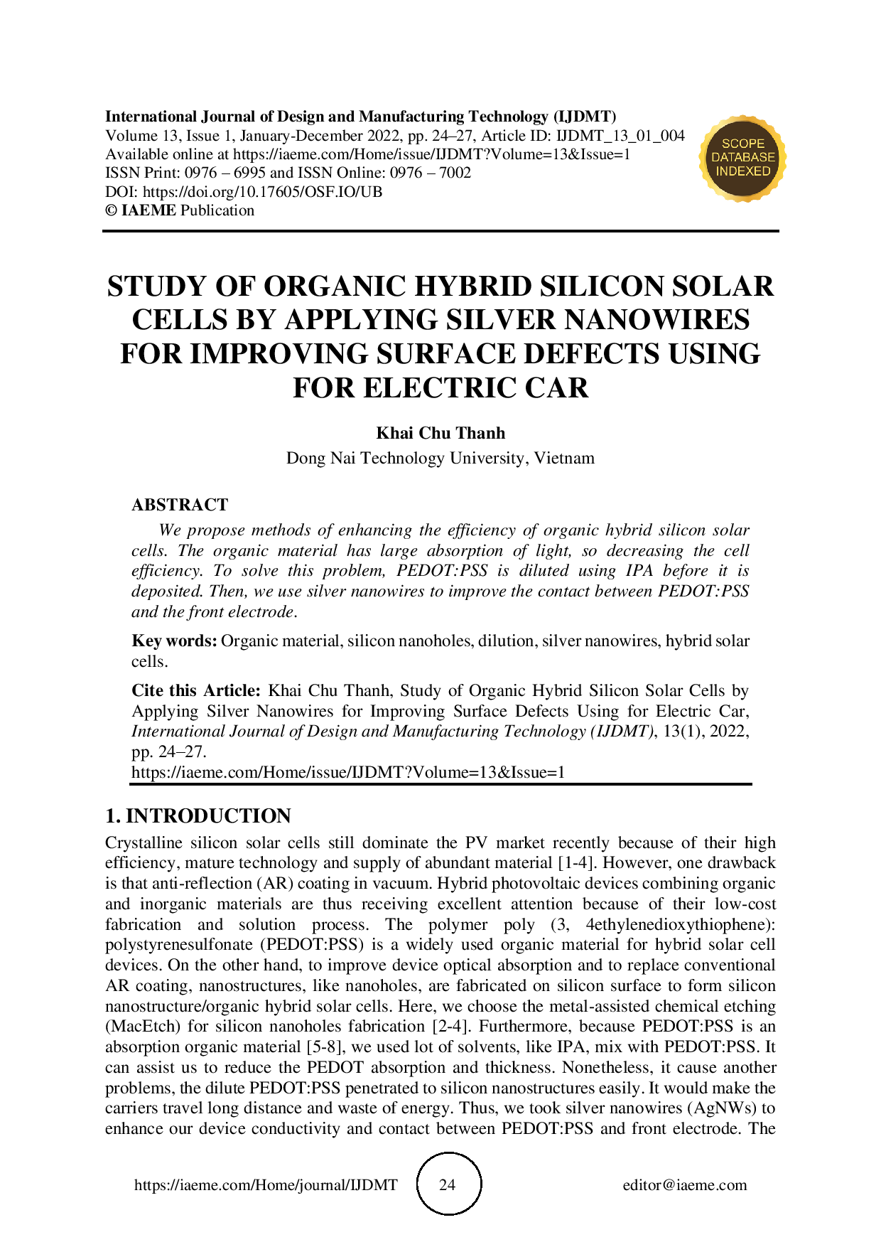 Study of organic hybrid silicon solar cells by applying silver nanowires for improving surface defects using for electric car (Nghiên cứu tế bào pin mặt trời silicon hỗn hợp bằng cách ứng dụng dây nano bạc để cải thiện năng lượng cho xe điện)