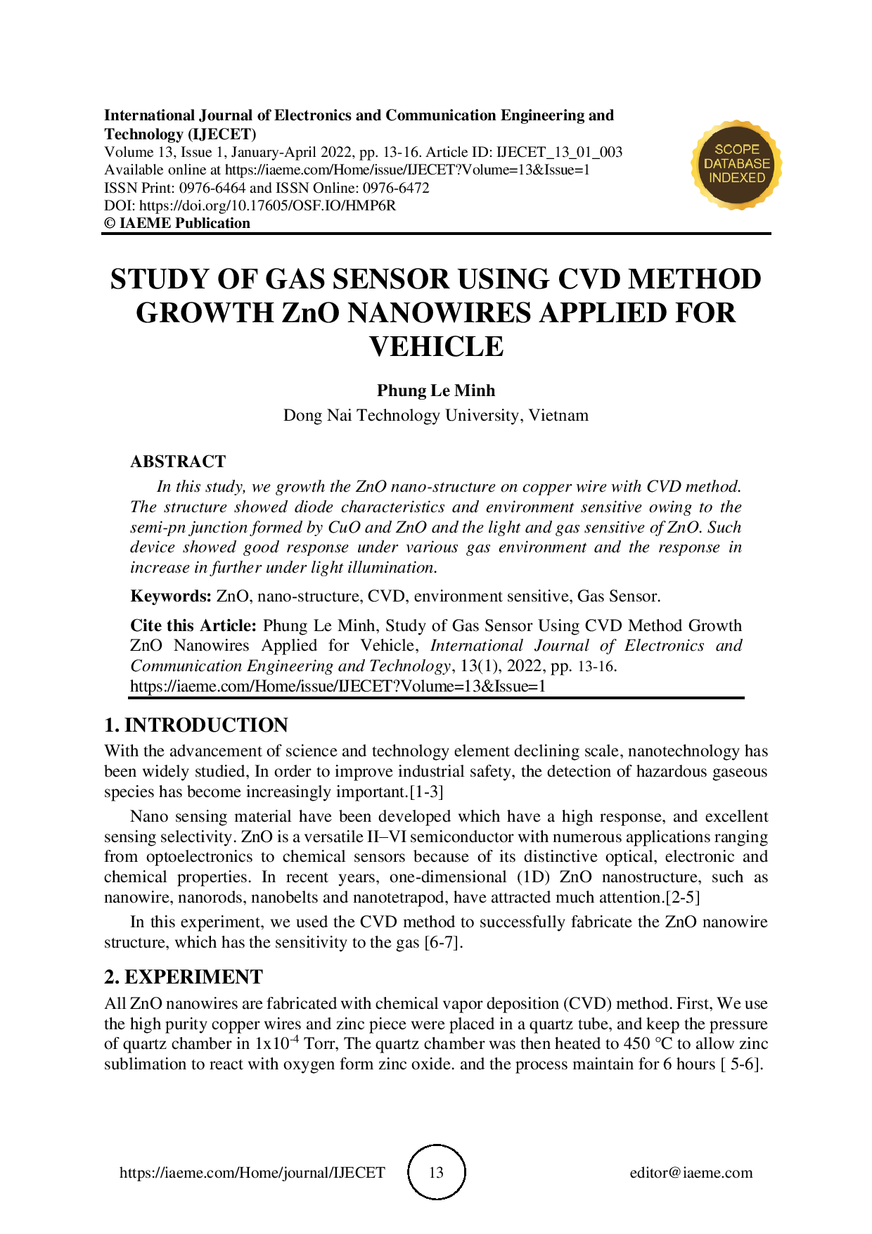 Study of gas sensor using CVD method growth ZnO nanowires applied for vehicle (Nghiên cứu cảm biến khí đốt sử dụng phương pháp CVD phát triển trên dây ZnO áp dụng cho xe)