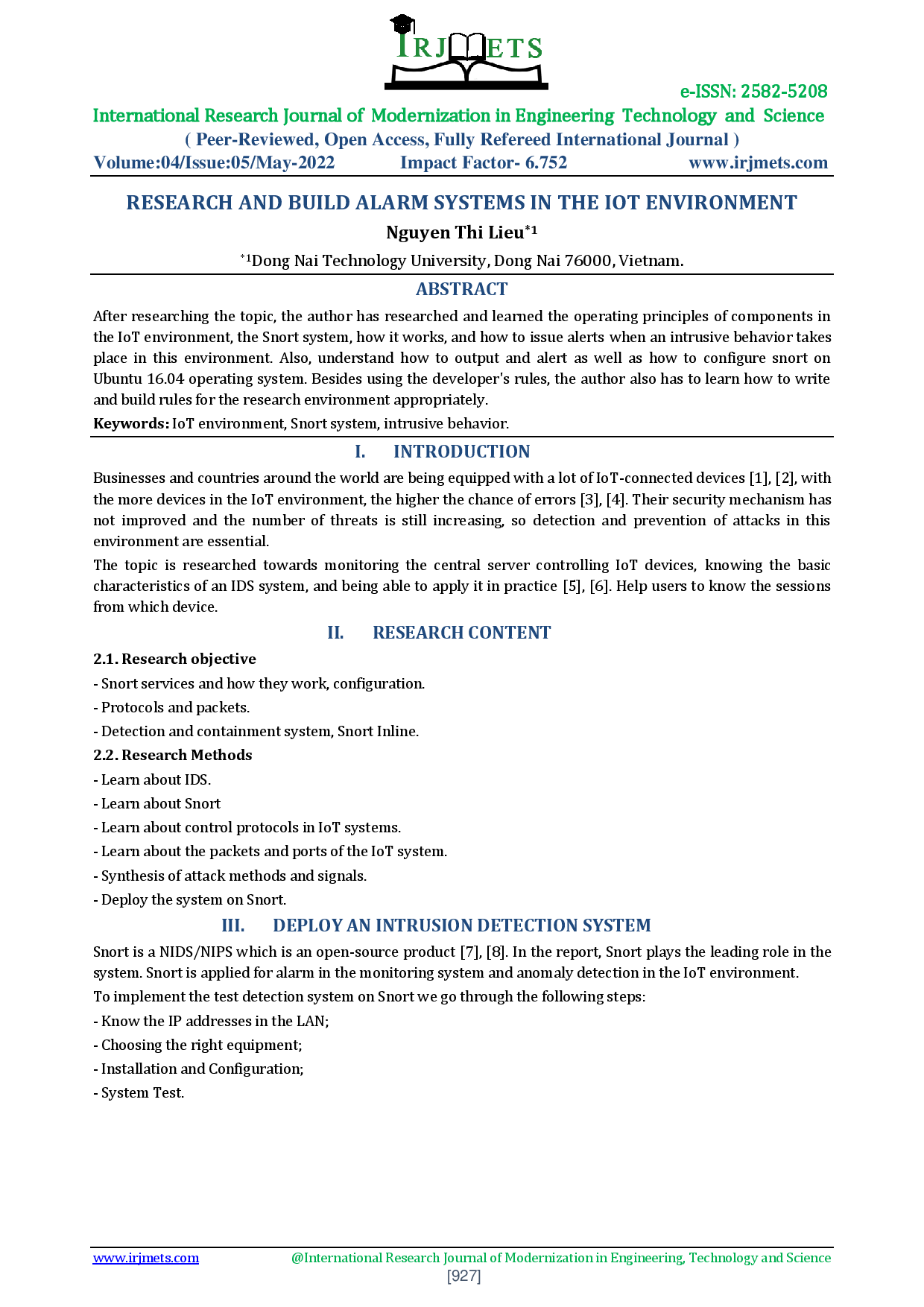 Research and build Alarm systems in the IoT Environment. (Nghiên cứu và xây dựng Hệ thống cảnh báo trong môi trường IoT)