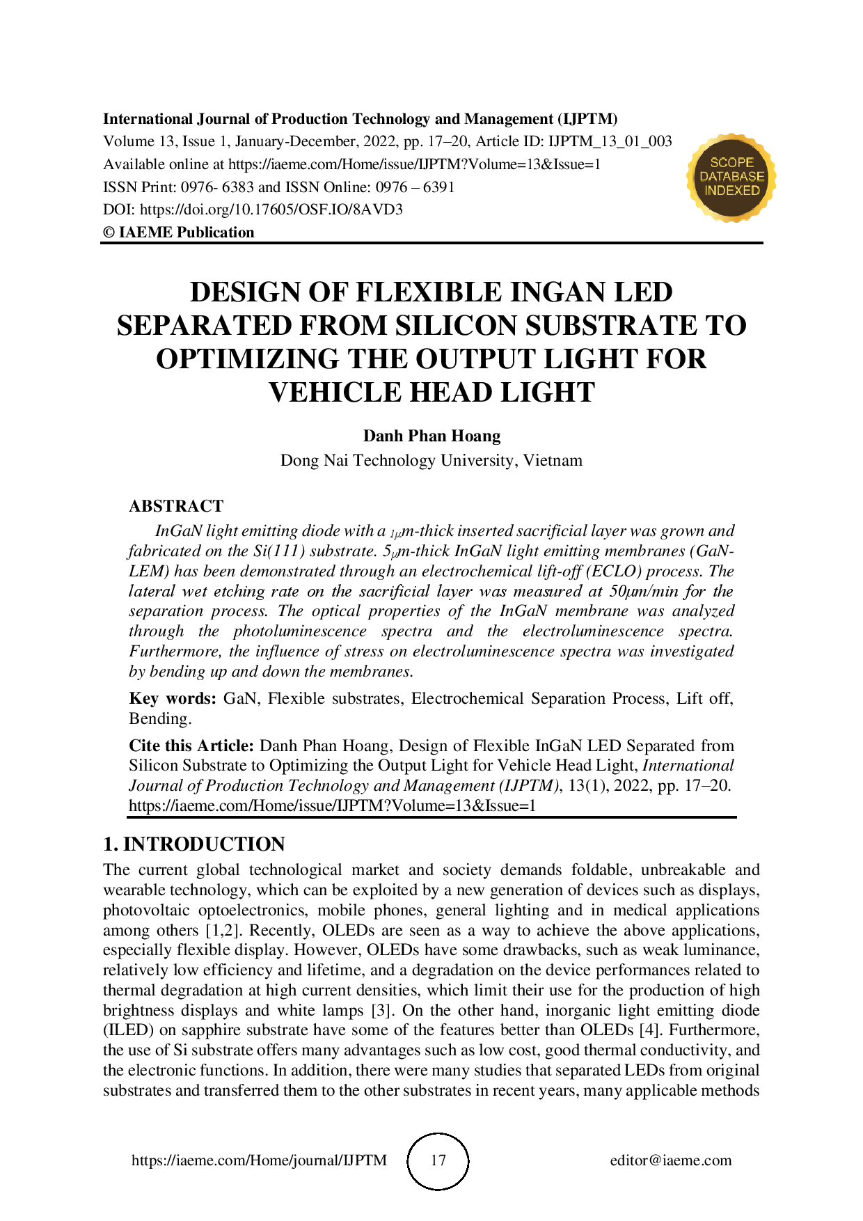 Design of flexible InGaN led separated from silicon substrate to optimizing the output light for vehicle head light  (Thiết kế đèn LED InGaN mềm được tách từ nền Silicon để tối ưu ánh sáng ngõ ra cho đèn pha xe)