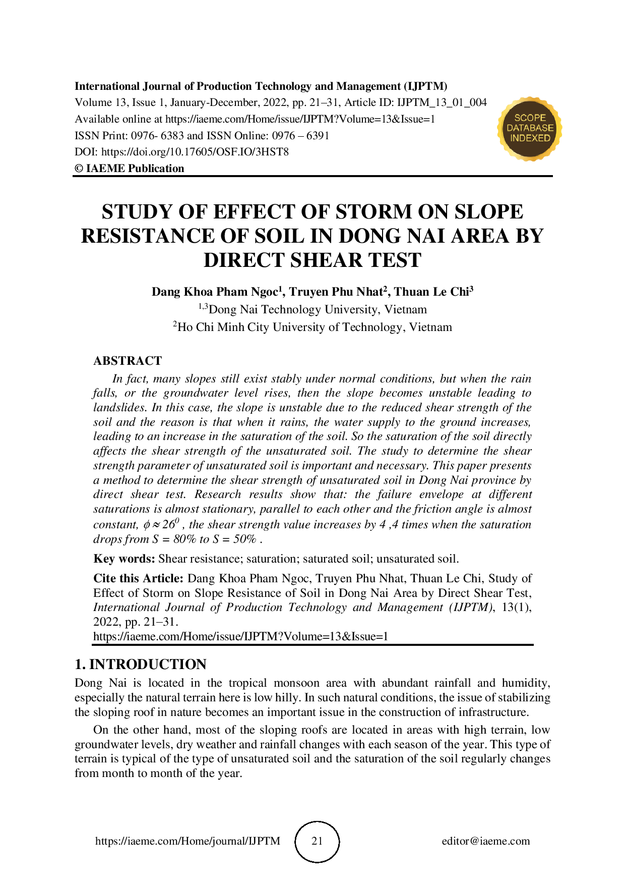 Study of effect of storm on slope resistance of soil in dong nai area by direct shear test  (Nghiên cứu ảnh hưởng của độ bão hòa đến sức kháng cắt mái dốc đất ở khu vực Đồng Nai bằng thí nghiệm cắt trực tiếp)