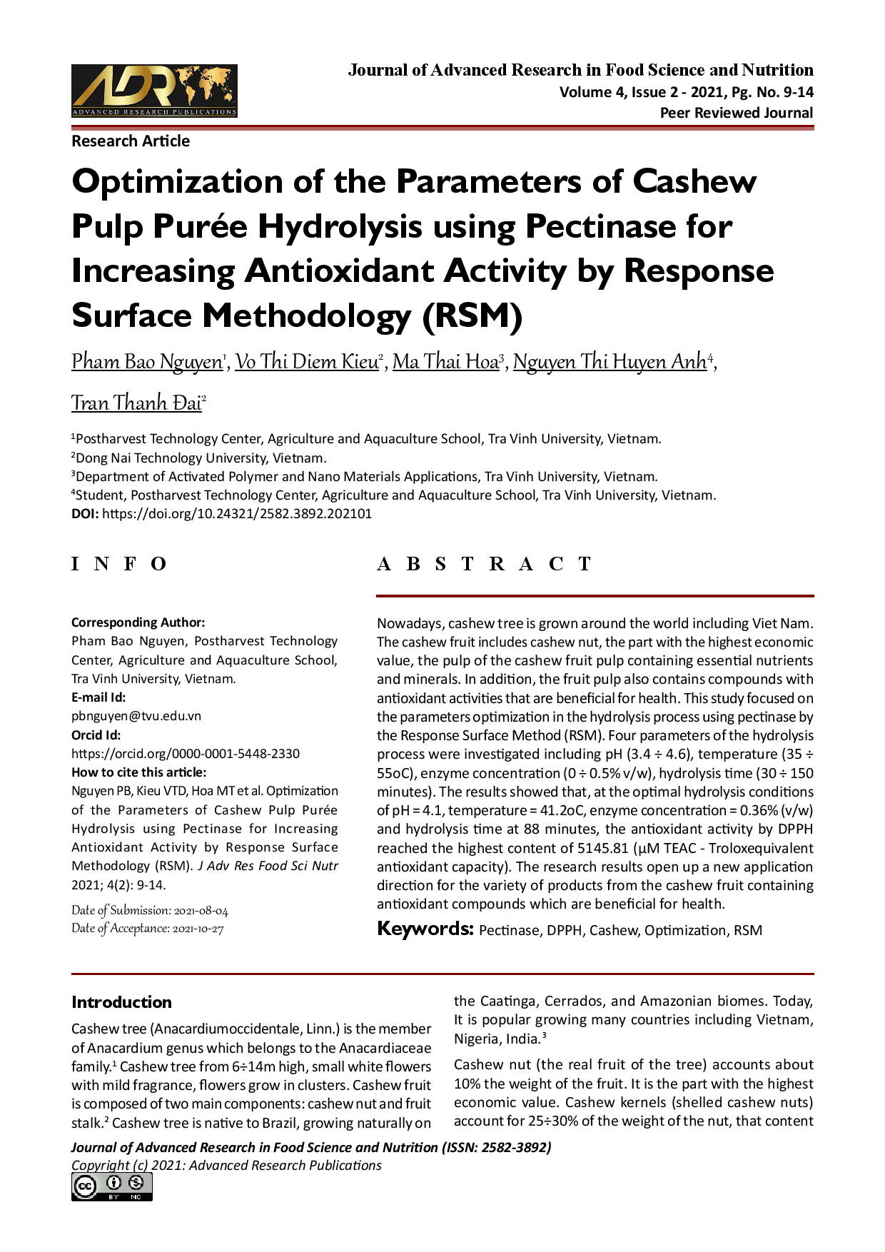 Optimization of the Parameters of Cashew Pulp Purée Hydrolysis using Pectinase for Increasing Antioxidant Activity by Response Surface Methodology (RSM)  (Tối ưu hóa các thông số của quá trình thủy phân bột hạt điều sử dụng Pectinase để tăng hoạt động chống oxy hóa bằng phương pháp bề mặt phản ứng (RSM))