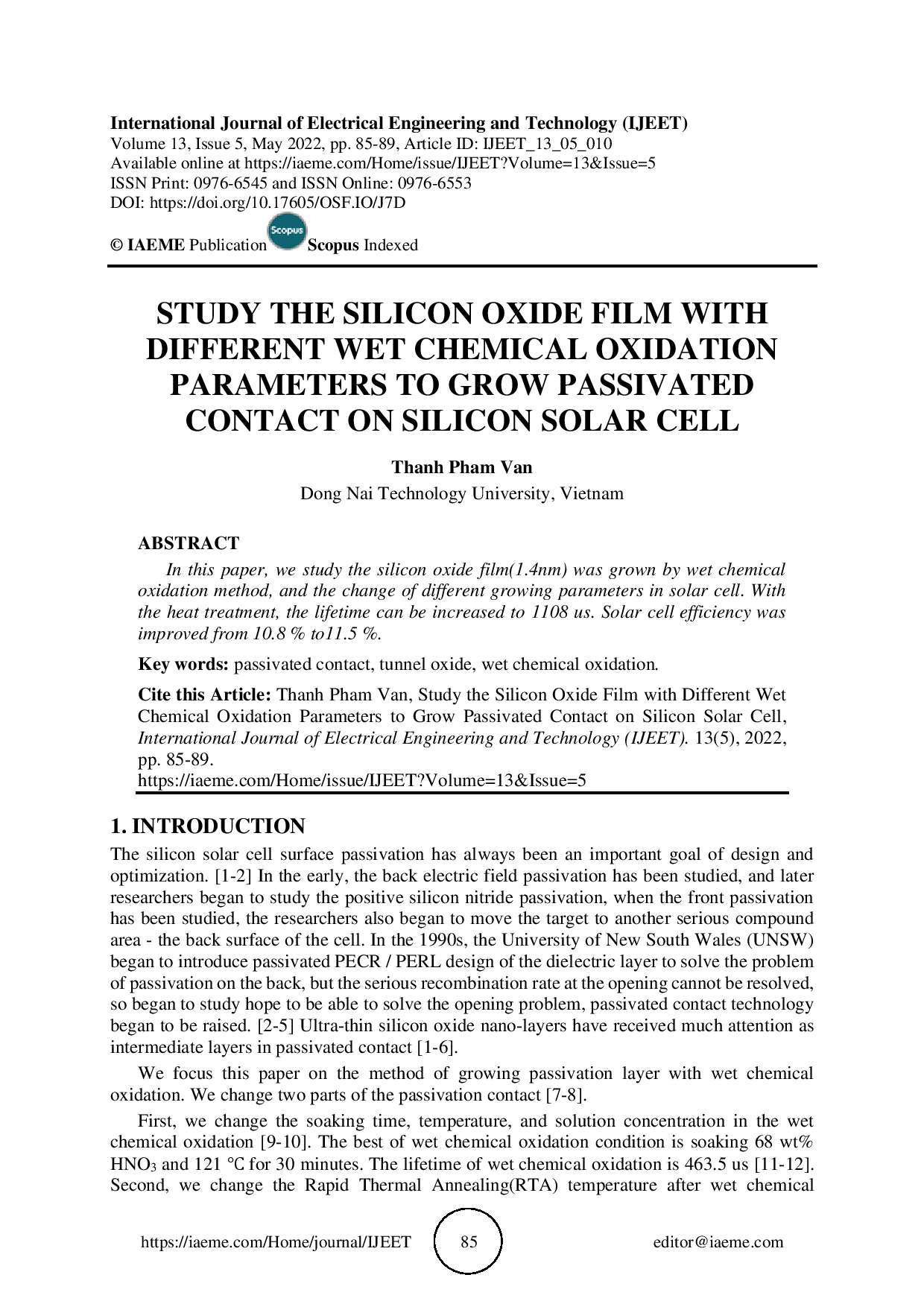 Study the silicon oxide film with different wet chemical oxidation parameters to grow passivated contact on silicon solar cell (Nghiên cứu film oxit silicon với các thông số oxit hóa học khác nhau nhằm tăng khả năng tự kết nối trên tế bào pin mặt trời silicon)