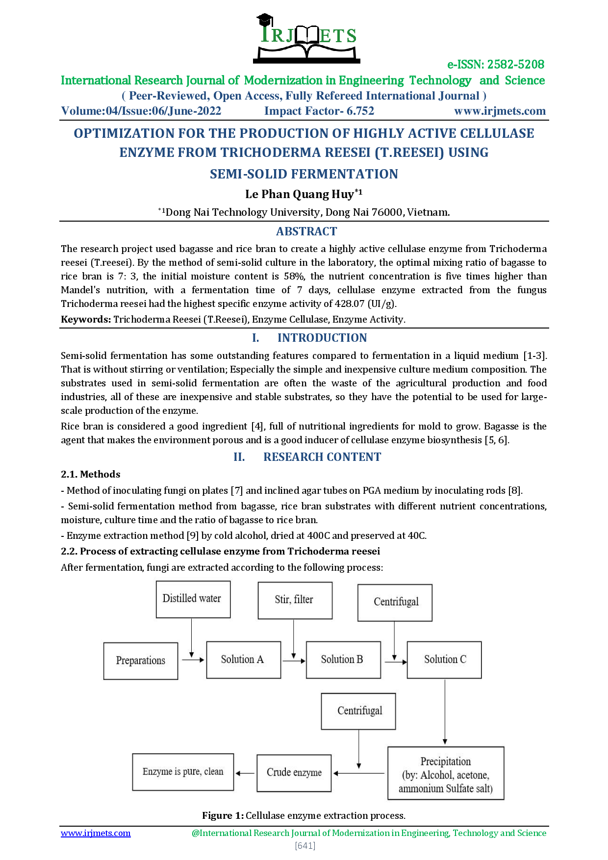 Optimization For The Production Of Highly Active Cellulase Enzyme From Trichoderma Reesei (T.Reesei) Using Semi-Solid Fermentation. (Tối ưu hóa sản xuất enzyme cellulase hoạt tính cao từ Trichoderma reesei (T.reesei) theo phương pháp lên men bán rắn)