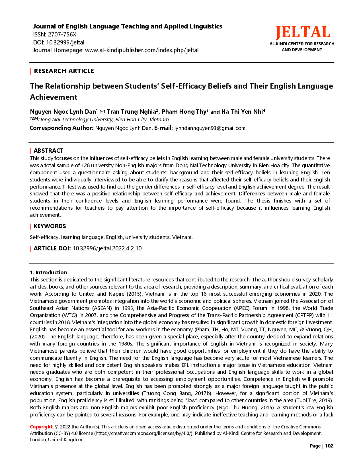 The Relationship between Students’ Self-Efficacy Beliefs and Their English Language Achievement  (Mối quan hệ giữa niềm tin vào hiệu quả bản thân và thành tích Tiếng Anh của sinh viên)