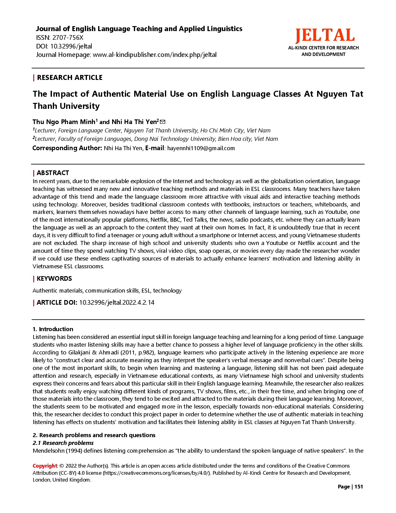 The Impact of Authentic Material Use on English Language Classes at Nguyen Tat Thanh University (Tác động của việc sử dụng tài liệu thực tế đối với lớp học tiếng Anh tại trường Đại học Nguyễn Tất Thành)