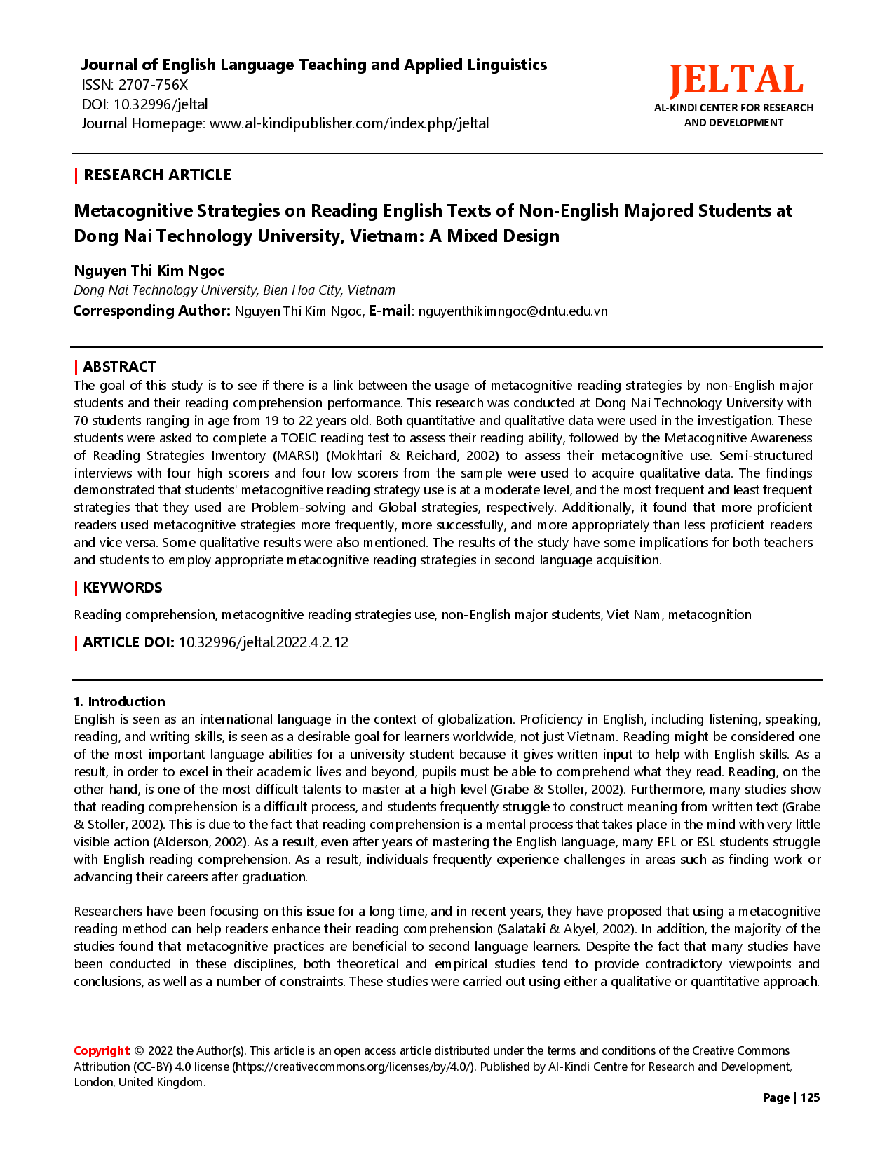 Metacognitive Strategies on Reading English Texts of Non-English Majored Students at Dong Nai Technology University, Vietnam: A Mixed Design  (Chiến lược siêu nhận thức về đọc văn bản tiếng anh của các sinh viên không chuyên  tại trường đại học Công Nghệ Đông Nai: Một phương pháp nghiên cứu hỗn hợp)