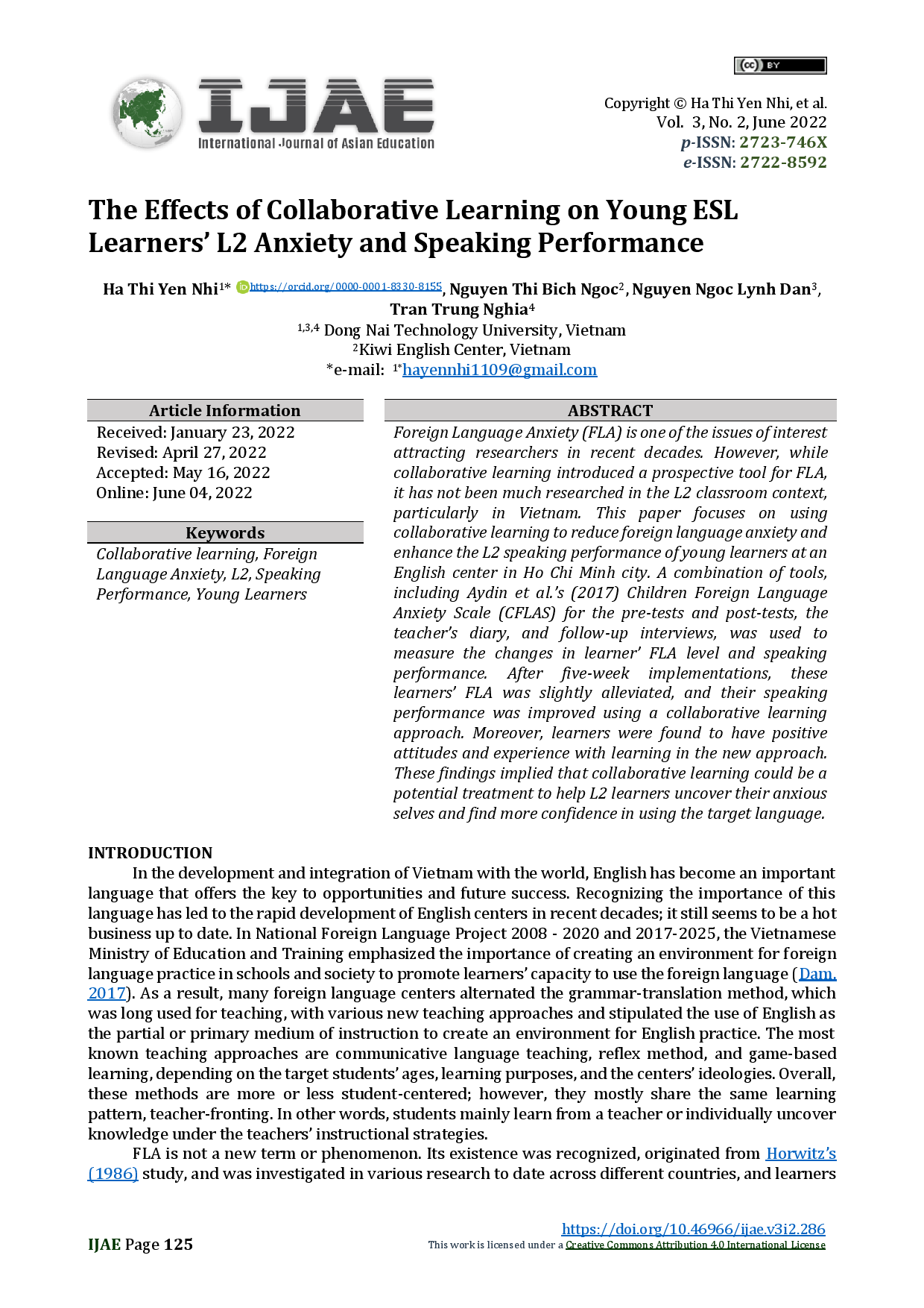 The Effects of Collaborative Learning on Young ESL Learners’ L2 Anxiety and Speaking Performance (Ảnh hưởng của việc học hợp tác đối với sự lo lắng và khả năng nói ngôn ngữ 2 của học viên ESL trẻ tuổi).