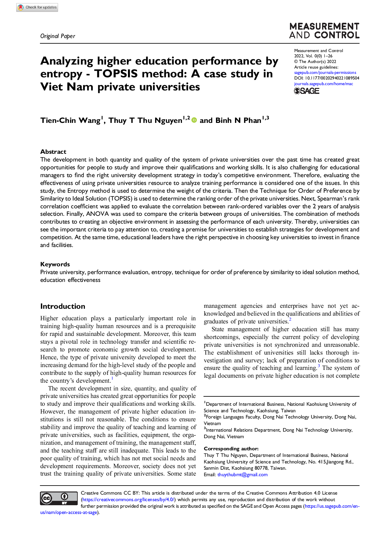 Analyzing higher education performance by entropy - TOPSIS method: A case study in Viet Nam private universities  (Phân tích kết quả hoạt động giáo dục đại học theo phương pháp entropy - TOPSIS: Một nghiên cứu điển hình tại các trường Đại học Tư thục ở Việt Nam)