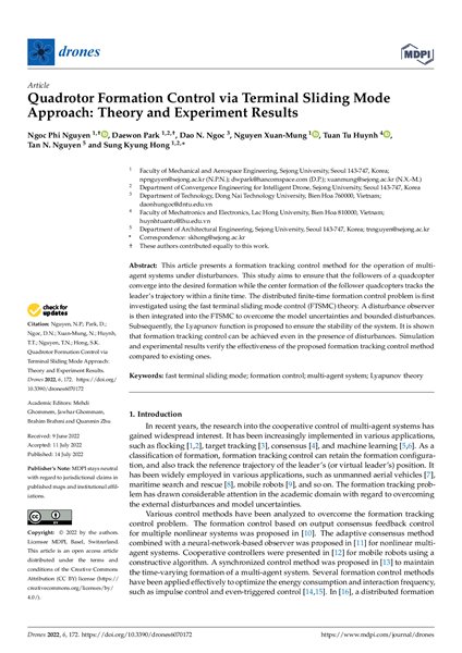 Quadrotor Formation Control via Terminal Sliding Mode Approach: Theory and Experiment Results ;$bNgoc Phi Nguyen  , Daewon Park , Dao N. Ngoc  , Nguyen Xuan-Mung , Tuan Tu Huynh , Tan N. Nguyen  and Sung Kyung Hong