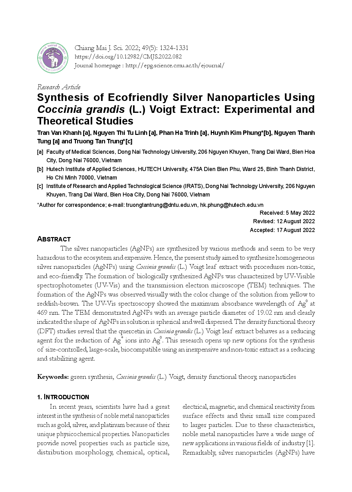 Synthesis of Ecofriendly Silver Nanoparticles Using Coccinia grandis (L.) Voigt Extract: Experimental and Theoretical Studies. (Tổng hợp các hạt nano bạc thân thiện với môi trường sử dụng chiết xuất Coccinia grandis (L.) Voigt: Nghiên cứu thực nghiệm và lý thuyết)