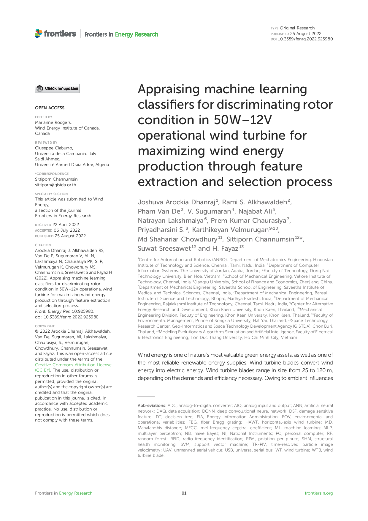 Appraising machine learning classifiers for discriminating rotor condition in 50W– 12V operational wind turbine for maximizing wind energy production through feature extraction and selection process   (Đánh giá phân loại máy học để phân biệt điều kiện vận hành tuabin gió 50W-12V nhằm tối ưu hóa sản xuất năng lượng gió thông qua lựa chọn chương trình điều khiển và khai thác tính năng)