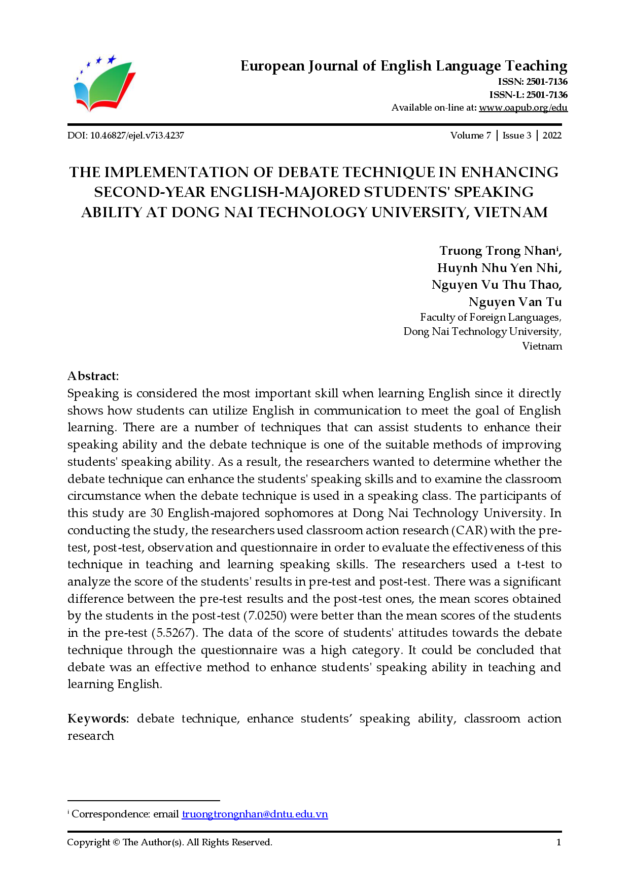 The Implementation of Debate Technique in Enhancing Second-Year English-Majored Students' Speaking Ability at Dong Nai Technology University, Vietnam. (Ứng dụng kỹ thuật tranh biện vào việc nâng cao khả năng nói của sinh viên năm hai chuyên ngành tiếng Anh tại trường Đại học Công nghệ Đồng Nai, Việt Nam)