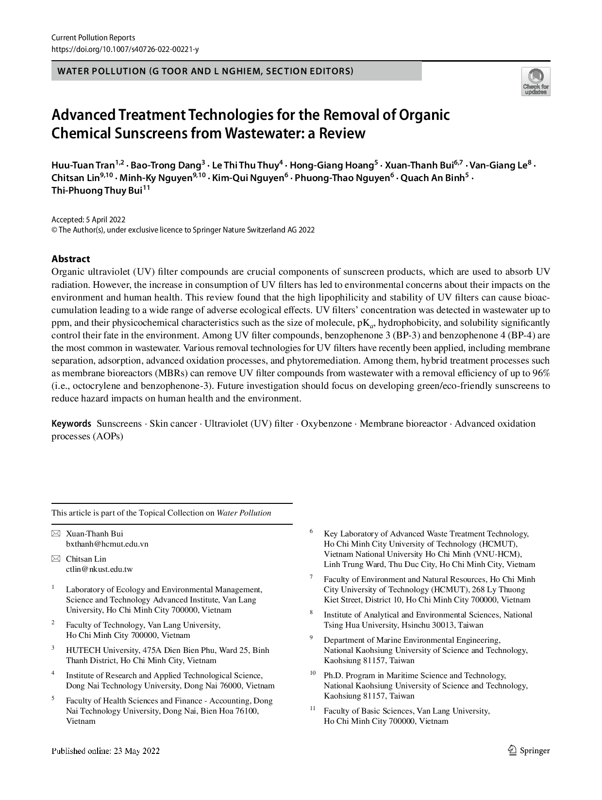 Advanced Treatment Technologies for the Removal of Organic ChemicalSunscreens from Wastewater: a Review. (Các công nghệ xử lý tiên tiến để loại bỏ kem chống nắng hóa học hữu cơ khỏi nước thải: Một đánh giá tổng quan)