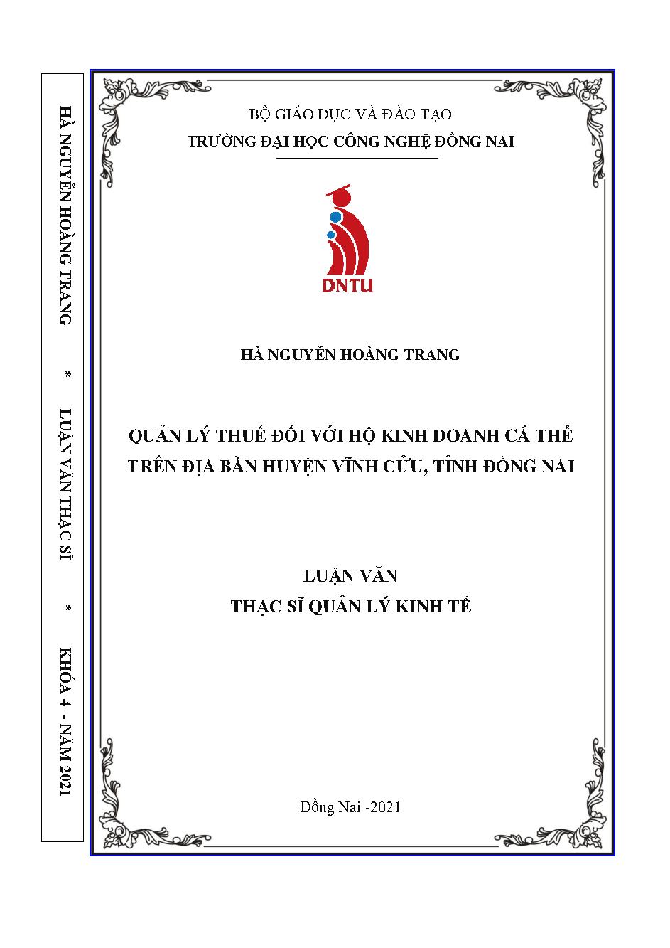 Quản lý thuế đối với hộ kinh doanh cá thể trên địa bàn huyện Vĩnh Cửu tỉnh Đồng Nai