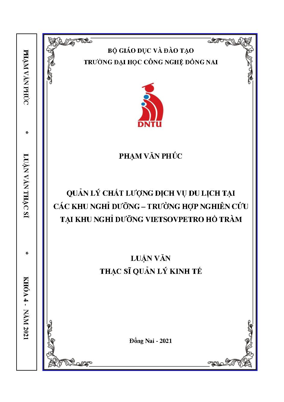 Quản lý chất lượng dịch vụ du lịch tại các khu nghỉ dưỡng – trường hợp nghiên cứu tại khu nghỉ dưỡng Vietsovpetro Hồ Tràm