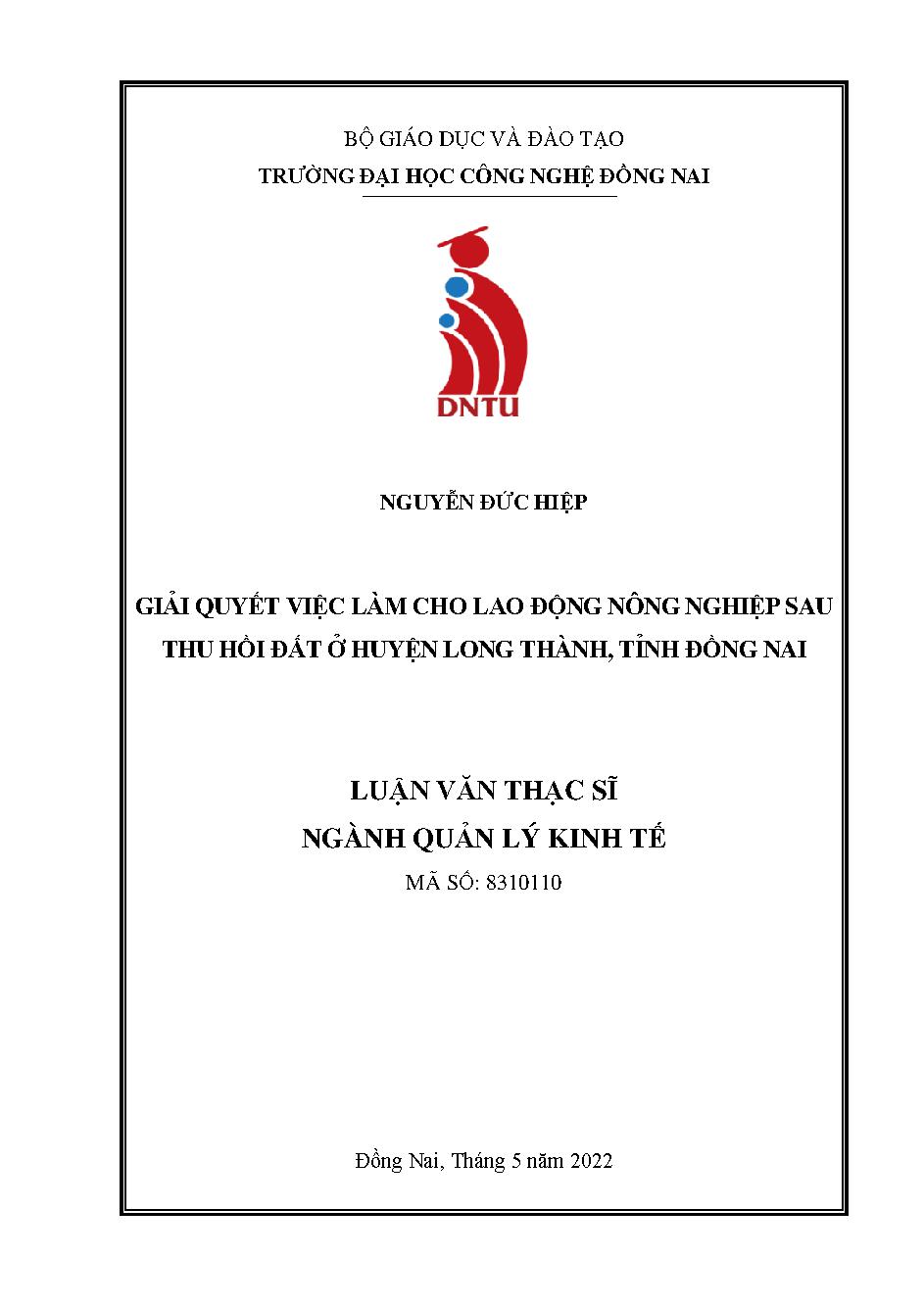 Giải quyết việc làm cho lao động nông nghiệp sau thu hồi đất ở huyện Long Thành, tỉnh Đồng Nai