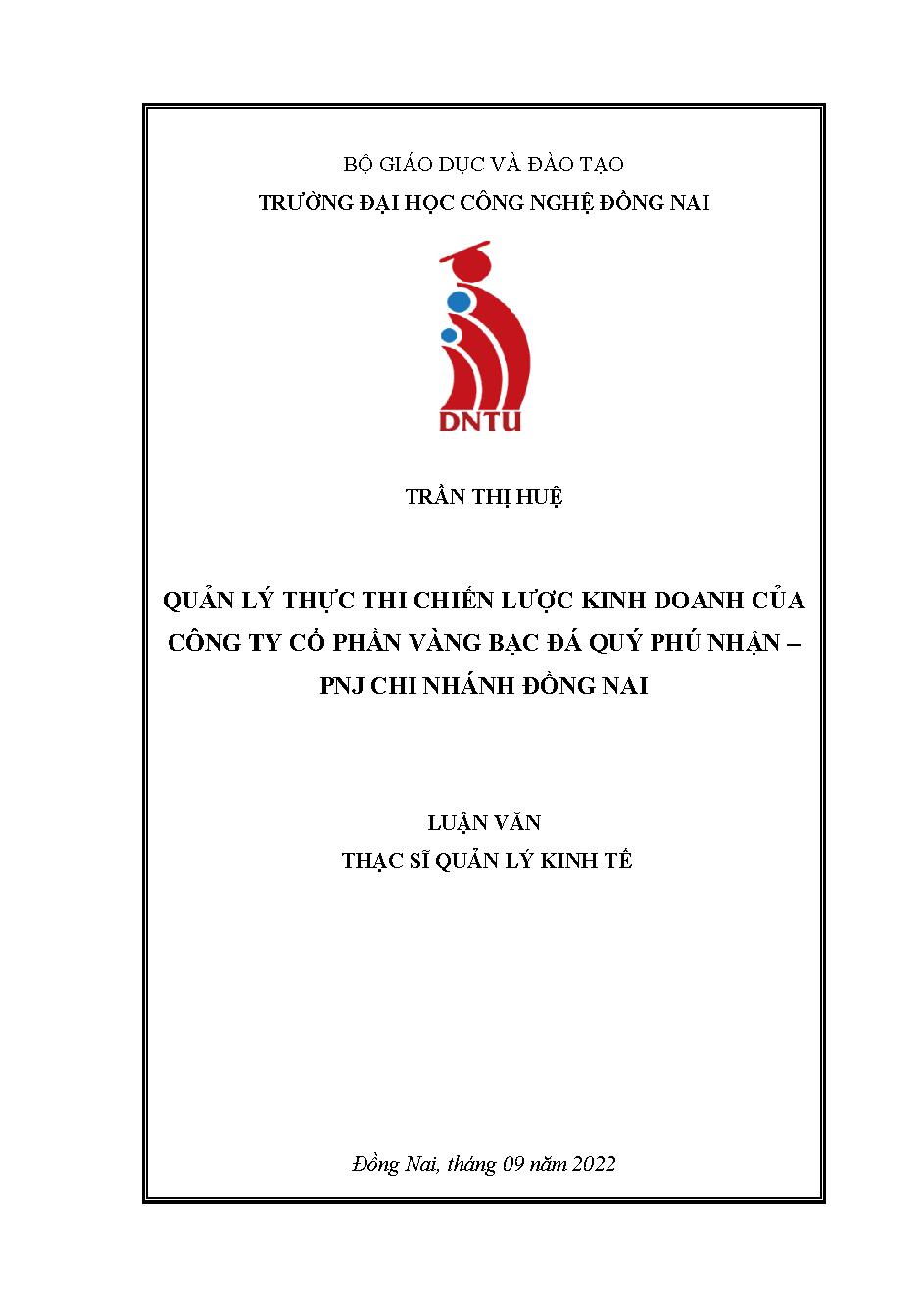 Quản lý chiến lược kinh doanh của Công ty CP Vàng bạc Đá quý Phú Nhuận – PNJ chi nhánh Đồng Nai.