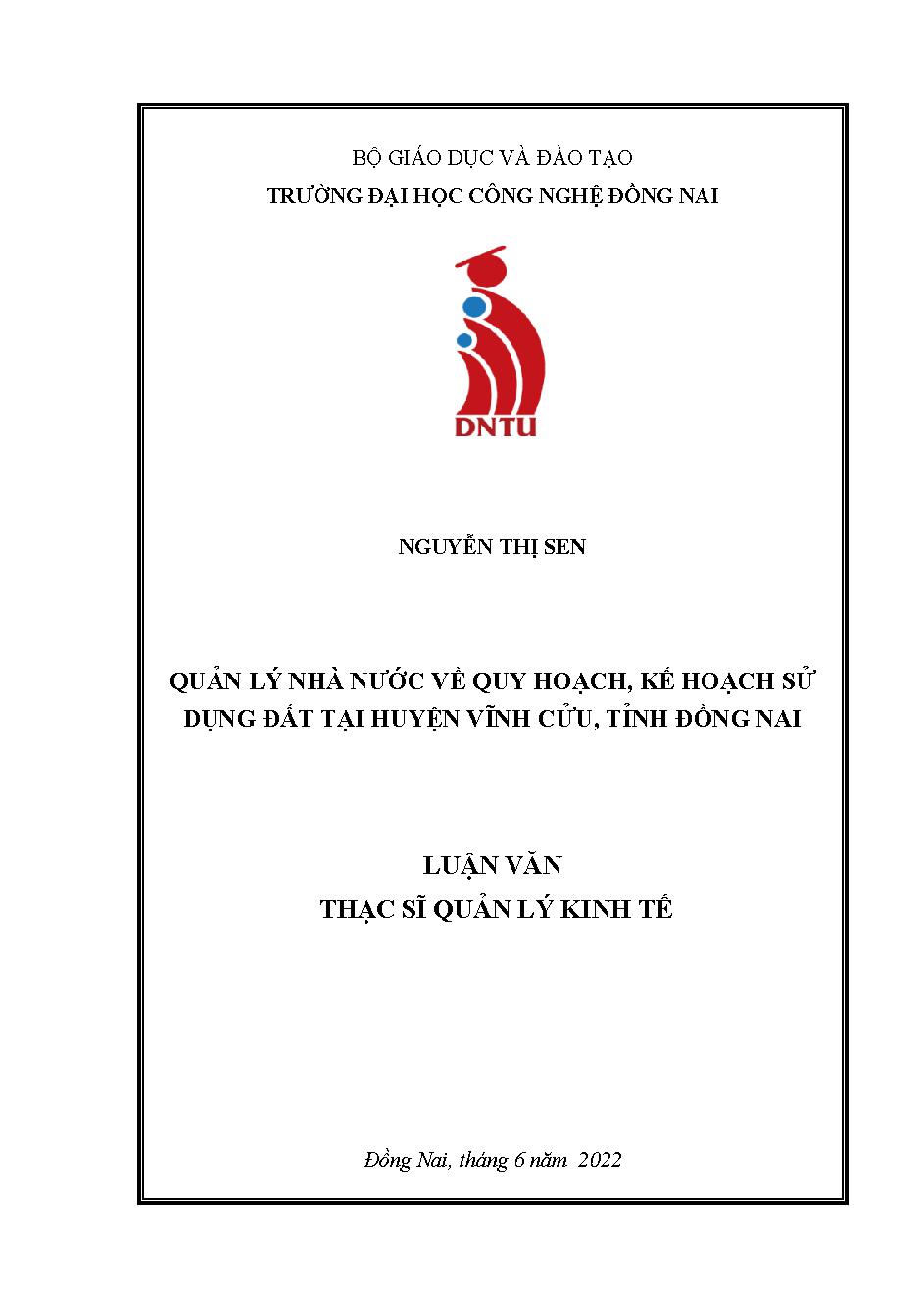 Quản lý nhà nước về quy hoạch, kế hoạch sử dụng đất tại huyện Vĩnh Cửu, tỉnh Đồng Nai