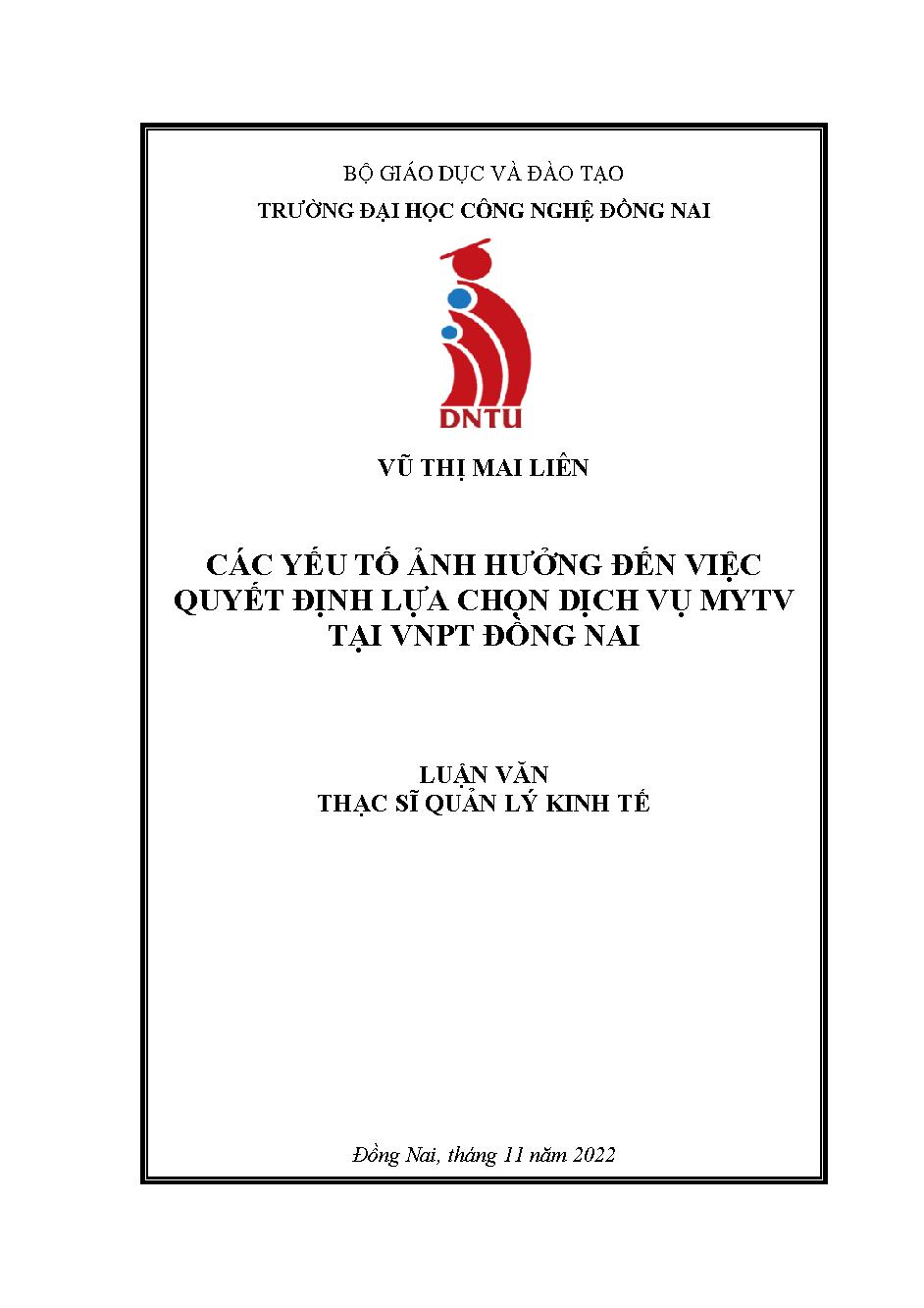 Các yếu tố ảnh hưởng đến việc quyết định lựa chọn dịch vụ MyTV tại VNPT Đồng Nai