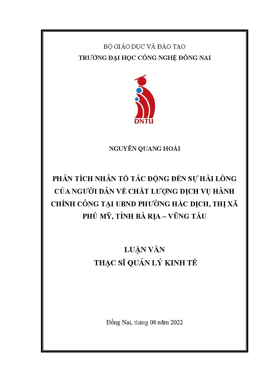 Phân tích nhân tố tác động đến sự hài lòng của người dân về chất lượng dịch vụ hành chính công tại UBND phường Hắc Dịch, thị xã Phú Mỹ, Bà Rịa- Vũng Tàu