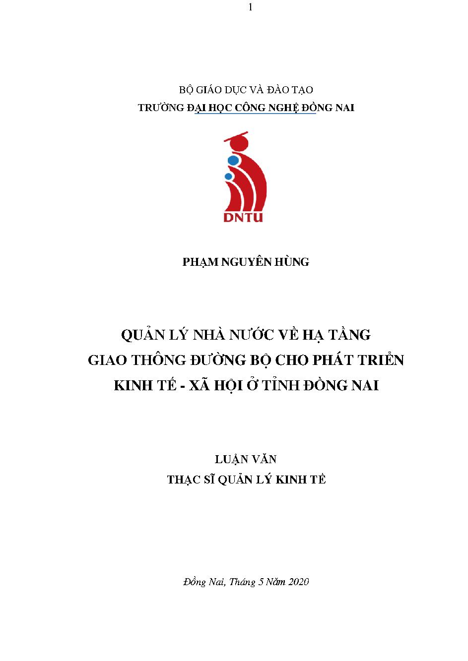 Quản lý nhà nước về hạ tầng giao thông đường bộ cho phát triển kinh tế - xã hội ở tỉnh Đồng Nai