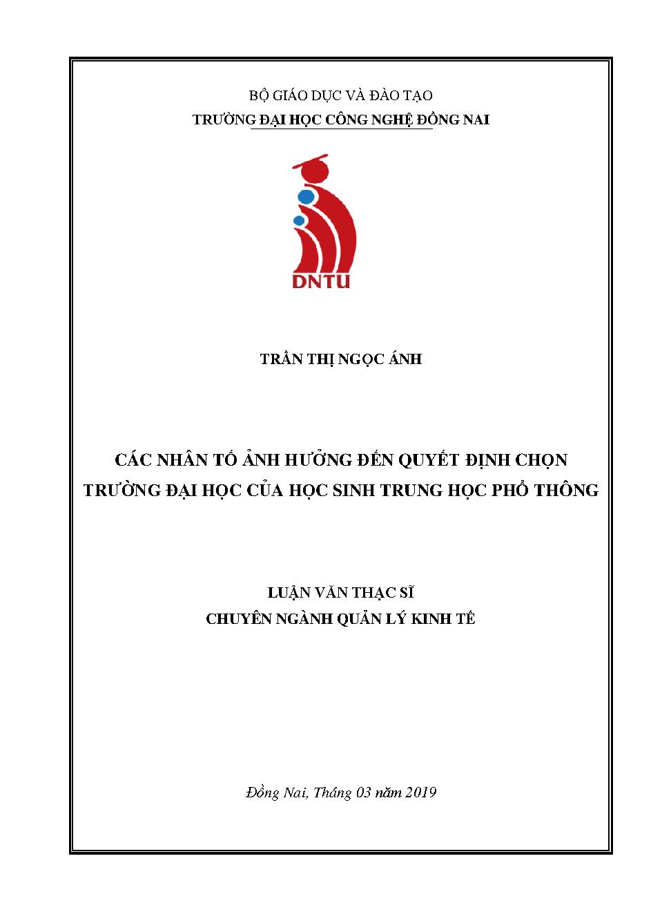 Các nhân tố ảnh hưởng đến quyết định chọn trường đại học của học sinh trung học phổ thông